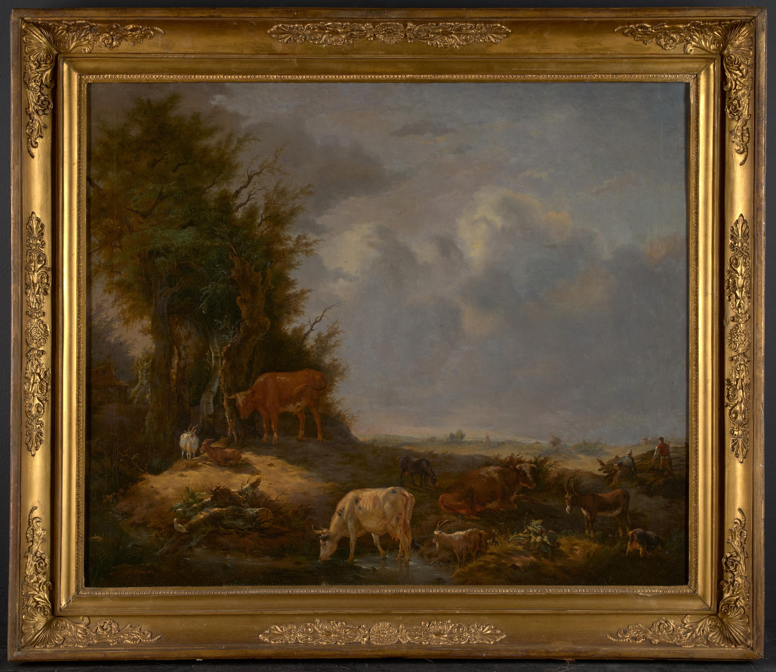 Romanticism, Landscape, Cattle at the Waterhole, Framed, Signed and Dated  - Painting by Unknown