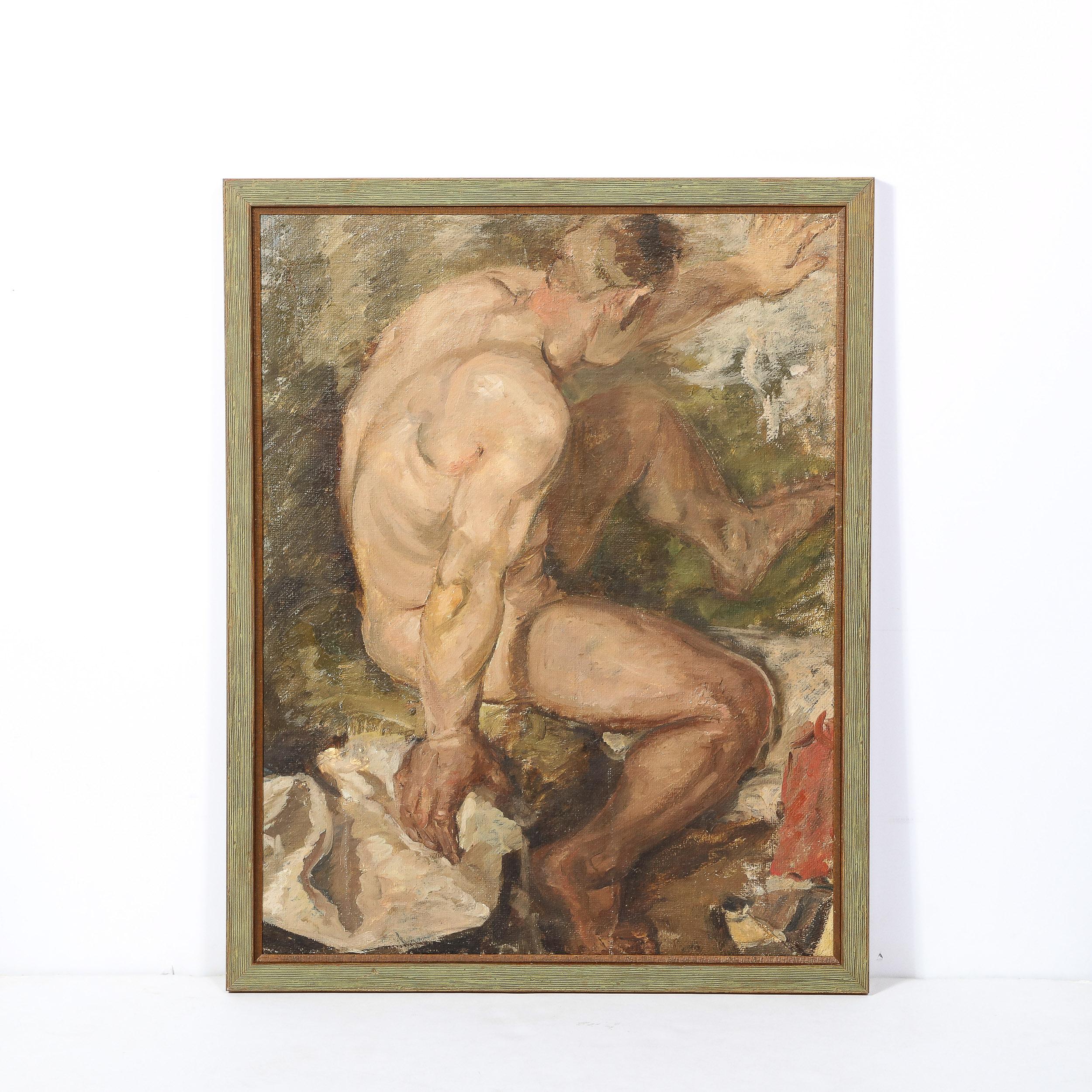 Romantisches Ölgemälde auf Sackleinen mit einer nackten männlichen Figur, die in einem Fluss badet  – Painting von Unknown