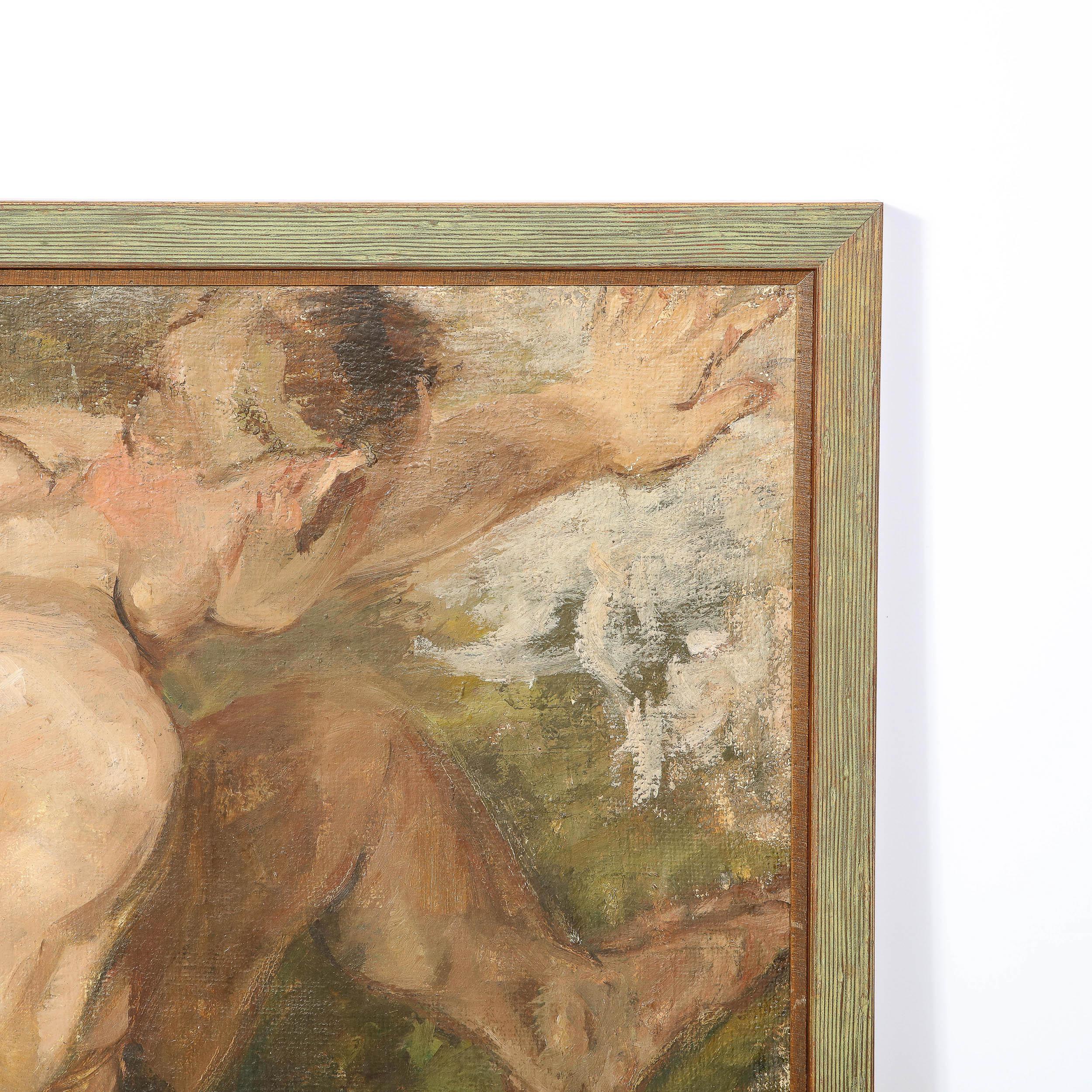 Romantisches Ölgemälde auf Sackleinen mit einer nackten männlichen Figur, die in einem Fluss badet  (Romantik), Painting, von Unknown