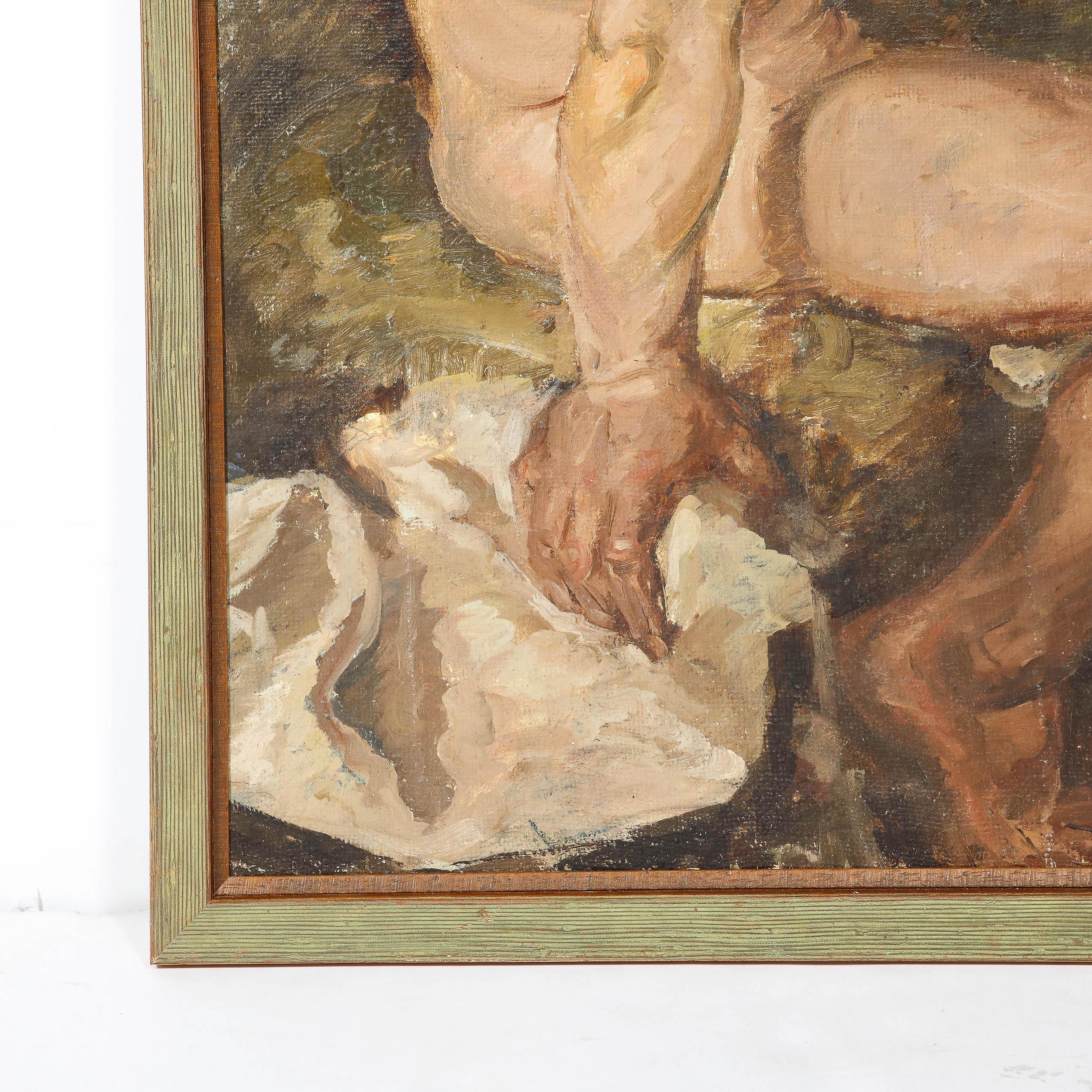 Dieses elegante romantische Ölgemälde auf Sackleinen wurde von einem unbekannten Meister in der ersten Hälfte des 20. Das in knappen, aber expressionistischen Pinselstrichen ausgeführte Gemälde zeigt eine nackte männliche Figur im Vordergrund, die