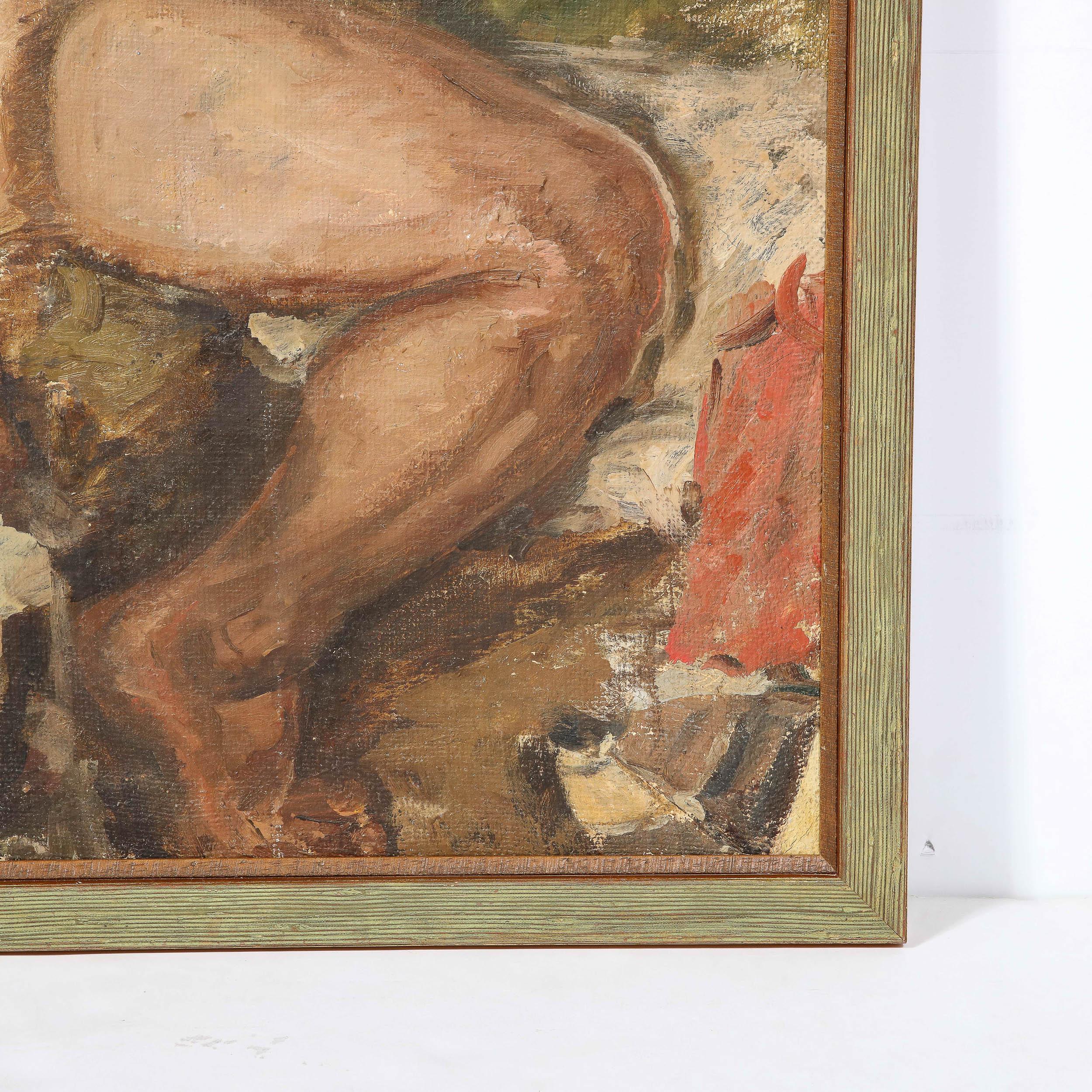This elegant romanticist oil on burlap painting was realized by an unheralded master during the first part of the 20th century. Realized in tight, yet expressionistic brush strokes, the painting depicts a nude male figure in the foreground with his