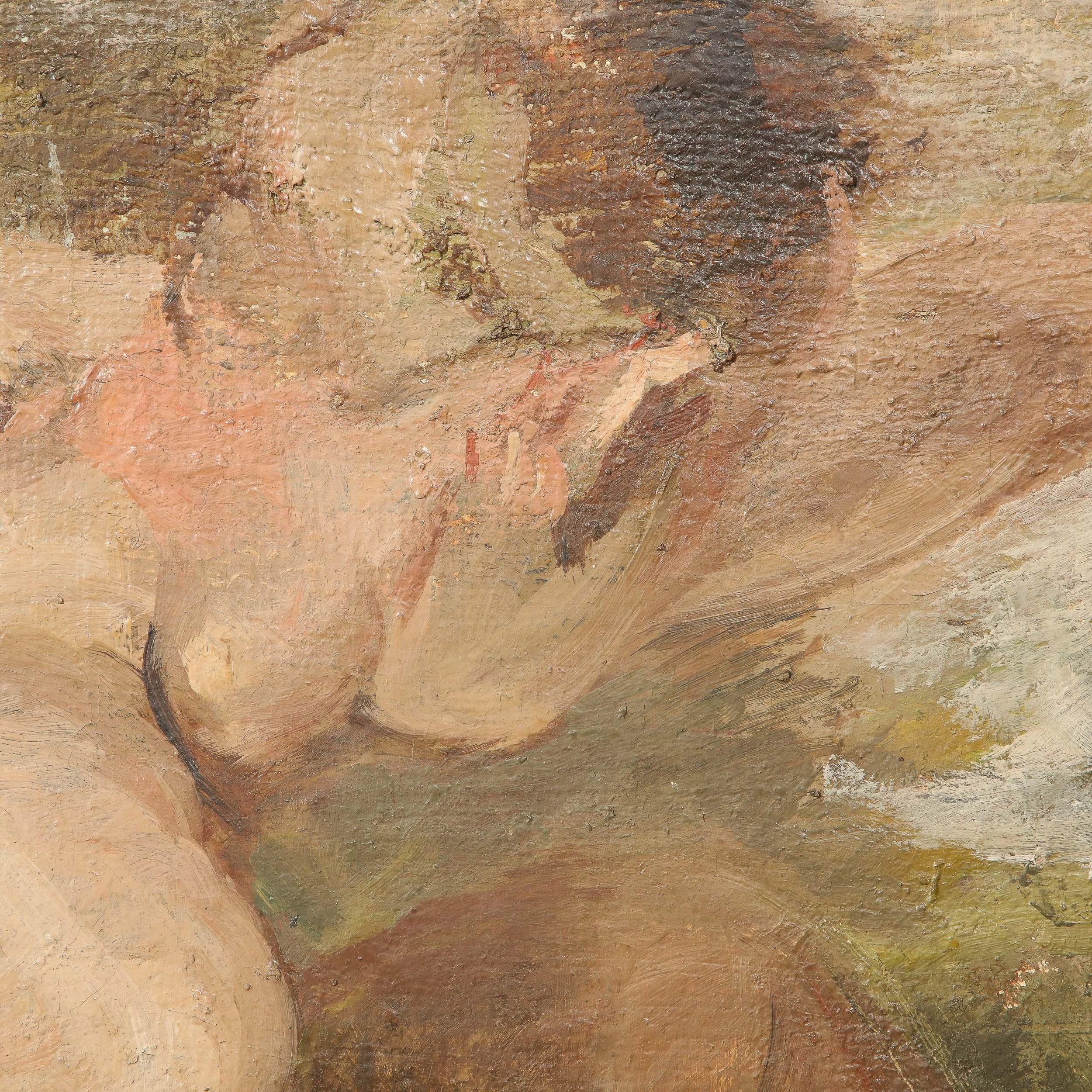 Romanticist Oil on Burlap Painting of a Nude Male Figure Bathing in a River  For Sale 2