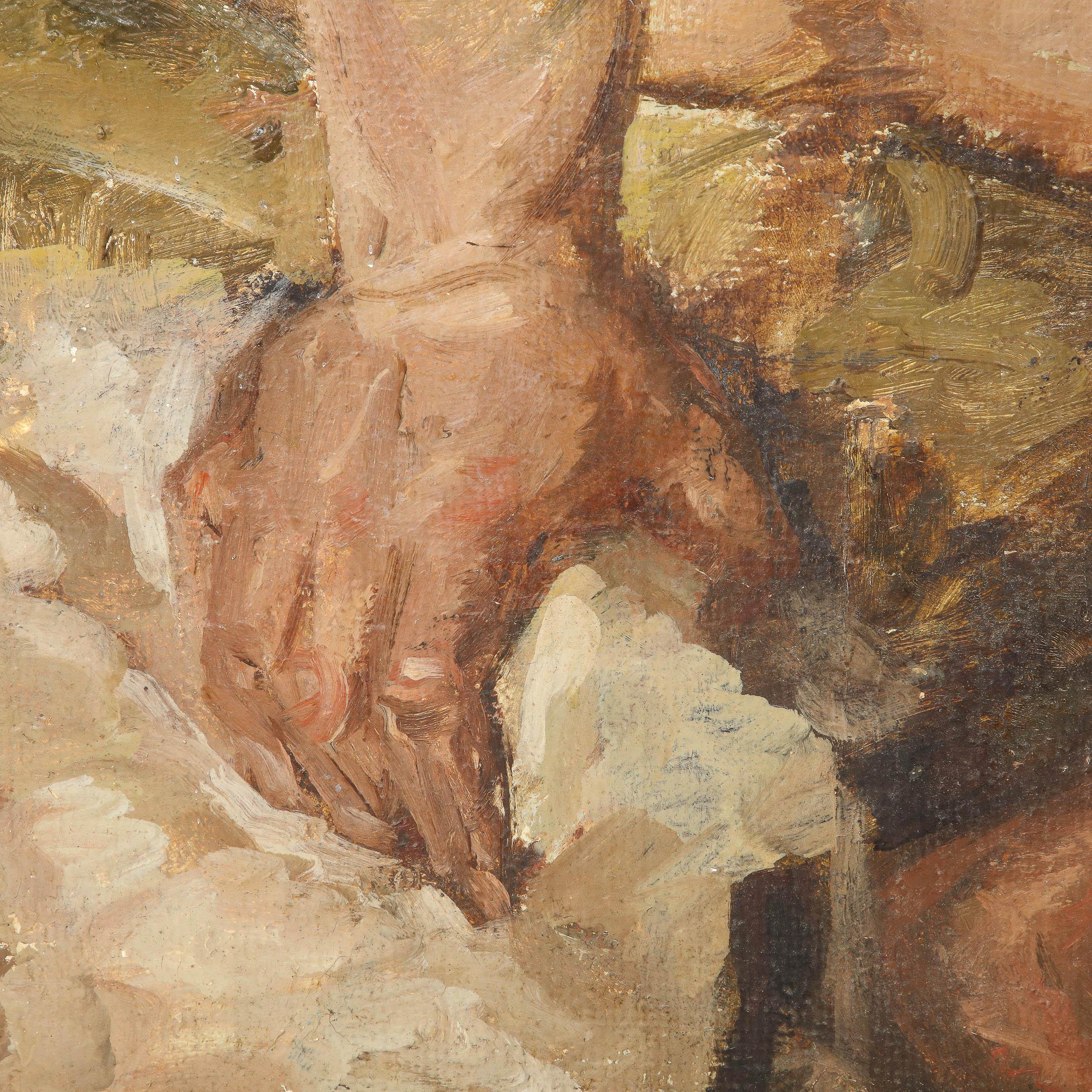 Romanticist Oil on Burlap Painting of a Nude Male Figure Bathing in a River  For Sale 3