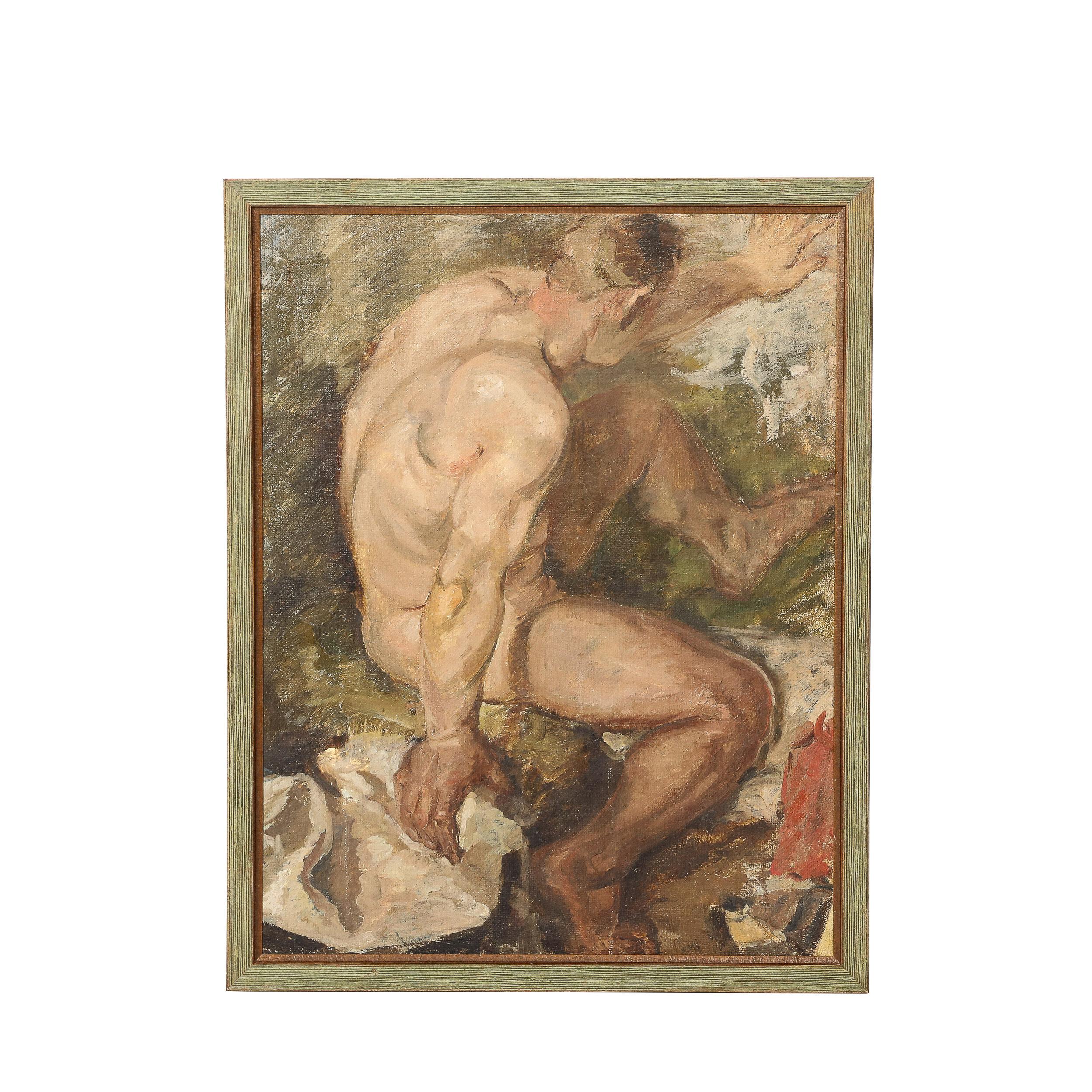 Unknown Figurative Painting – Romantisches Ölgemälde auf Sackleinen mit einer nackten männlichen Figur, die in einem Fluss badet 