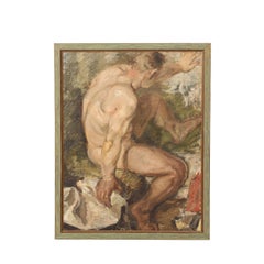 Used Romanticist Oil on Burlap Painting of a Nude Male Figure Bathing in a River 