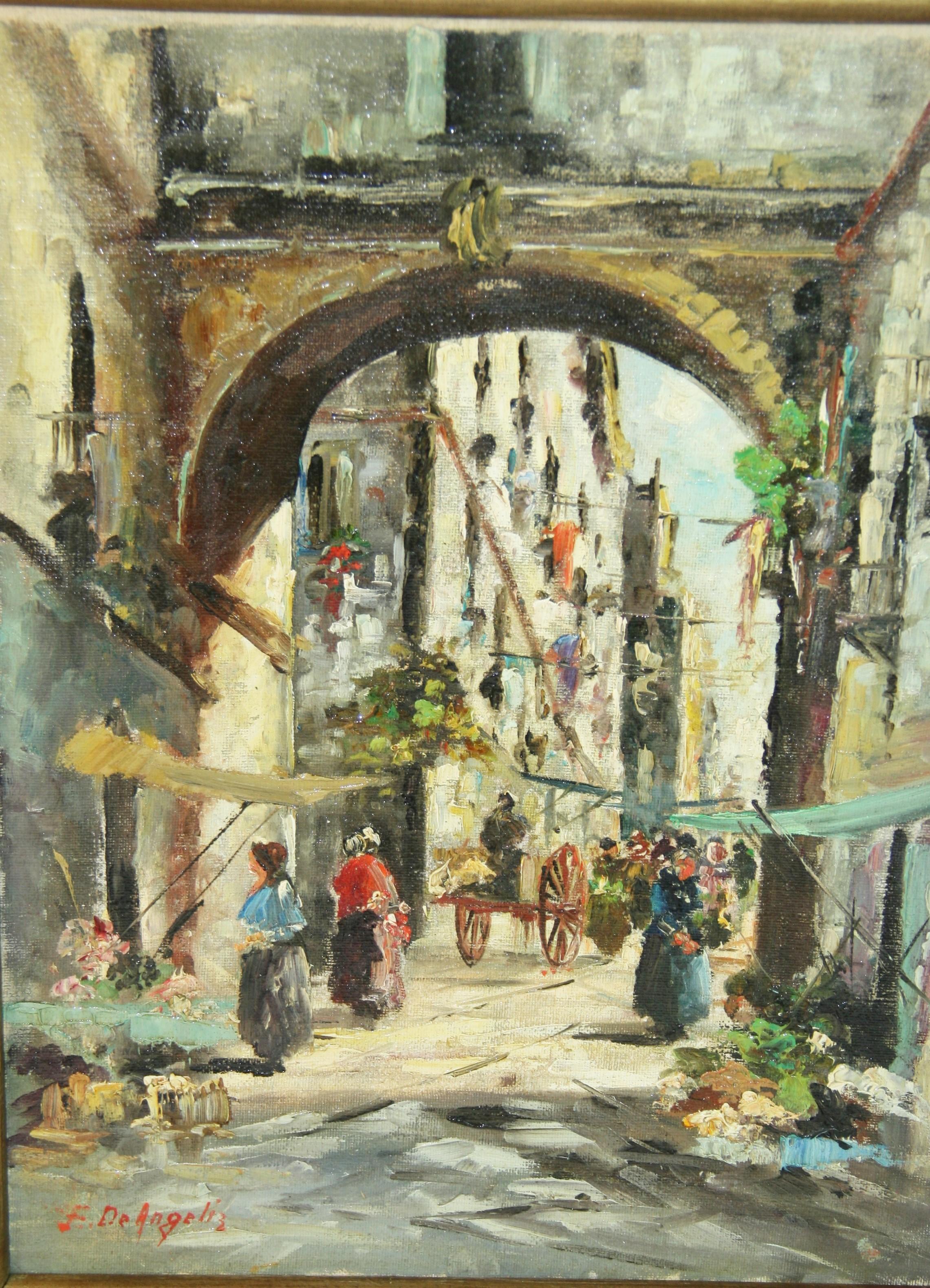 Marché aux fleurs de Rome - Marron Landscape Painting par Unknown