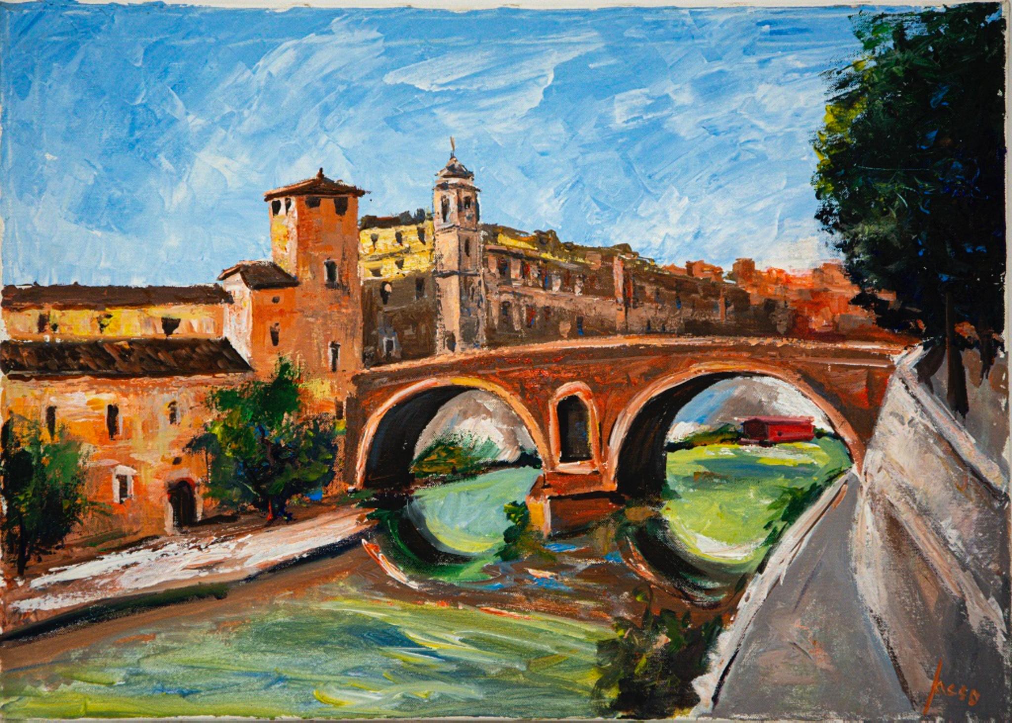 Unknown Landscape Painting - Rome, Tiber Island - Oil on Canvas - Late 20th Century