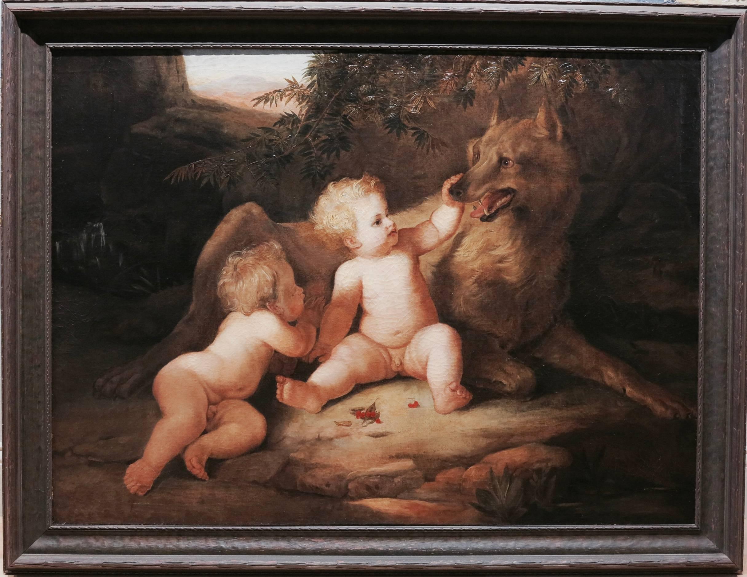 Superbe peinture de la fin du XVIIIe ou du début du XIXe siècle représentant Romulus et Remus s'ébattant de la loup-garou. L'huile sur toile mesure 76::2 cm x 101::6 cm ; 91::4 cm x 111::9 cm encadrée. Signé de façon illisible en bas à droite.