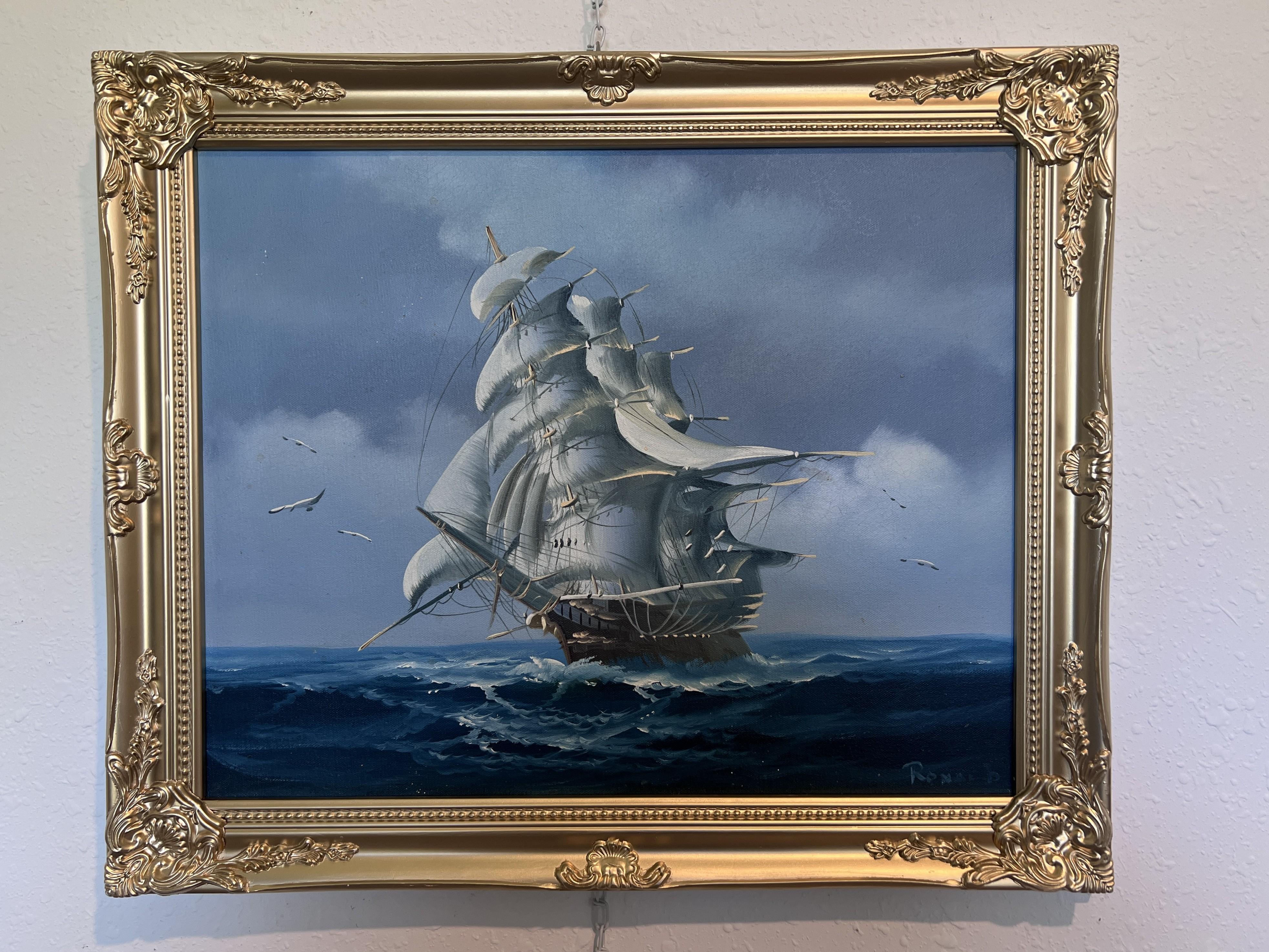 Ronald Original Ölgemälde Großes Schiff auf See Maritim Nautisch Ozean Meereslandschaft – Painting von Unknown