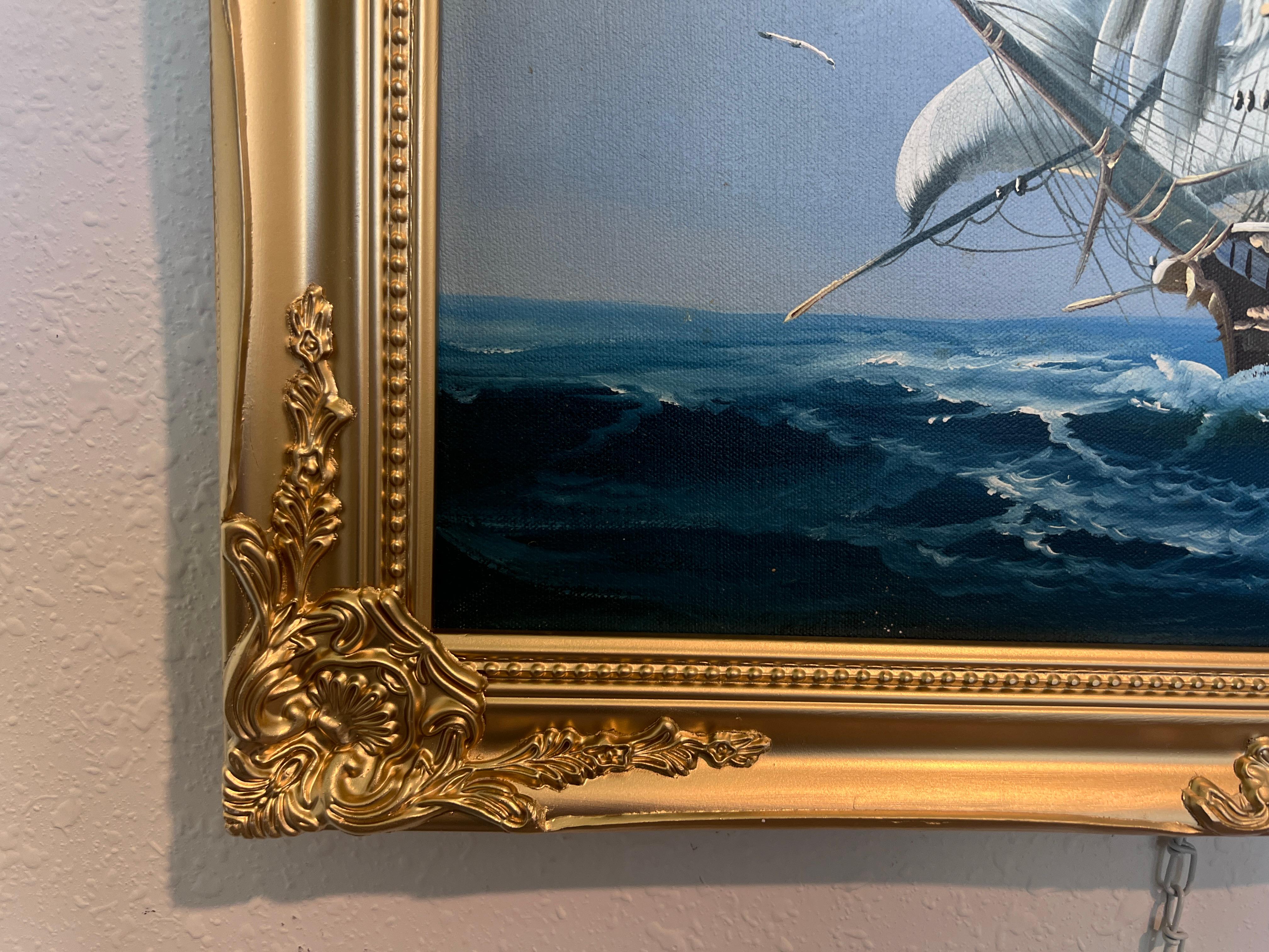 Ronald Original Ölgemälde Großes Schiff auf See Maritim Nautisch Ozean Meereslandschaft (Grau), Landscape Painting, von Unknown