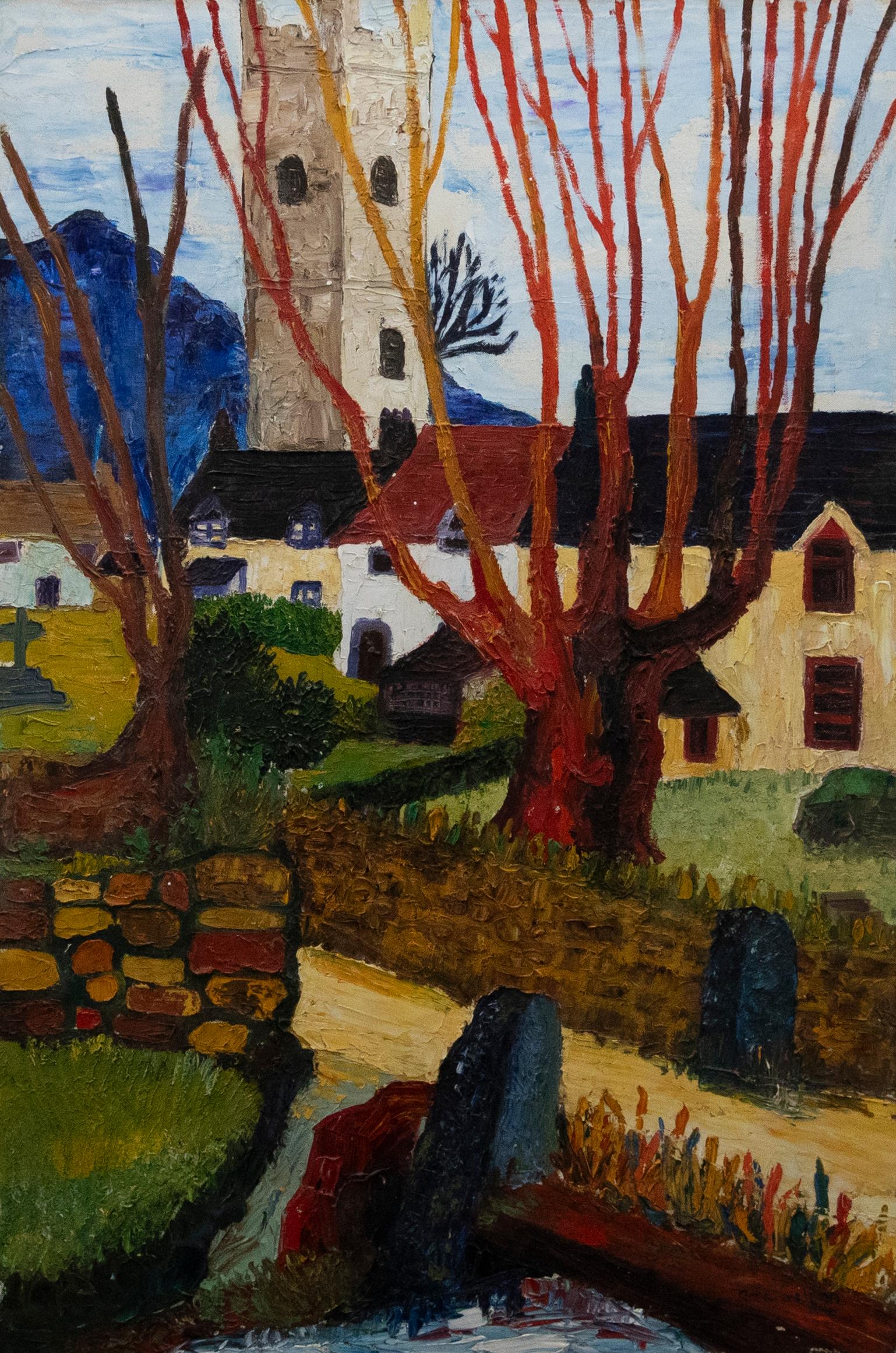 Unknown Landscape Painting - Rosa Geldon - Contemporary Oil, Church Cottages