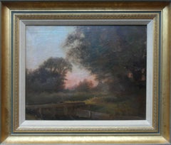 Dawn in the Countryside (Framed 19th Century Antique Landscape Painting)
