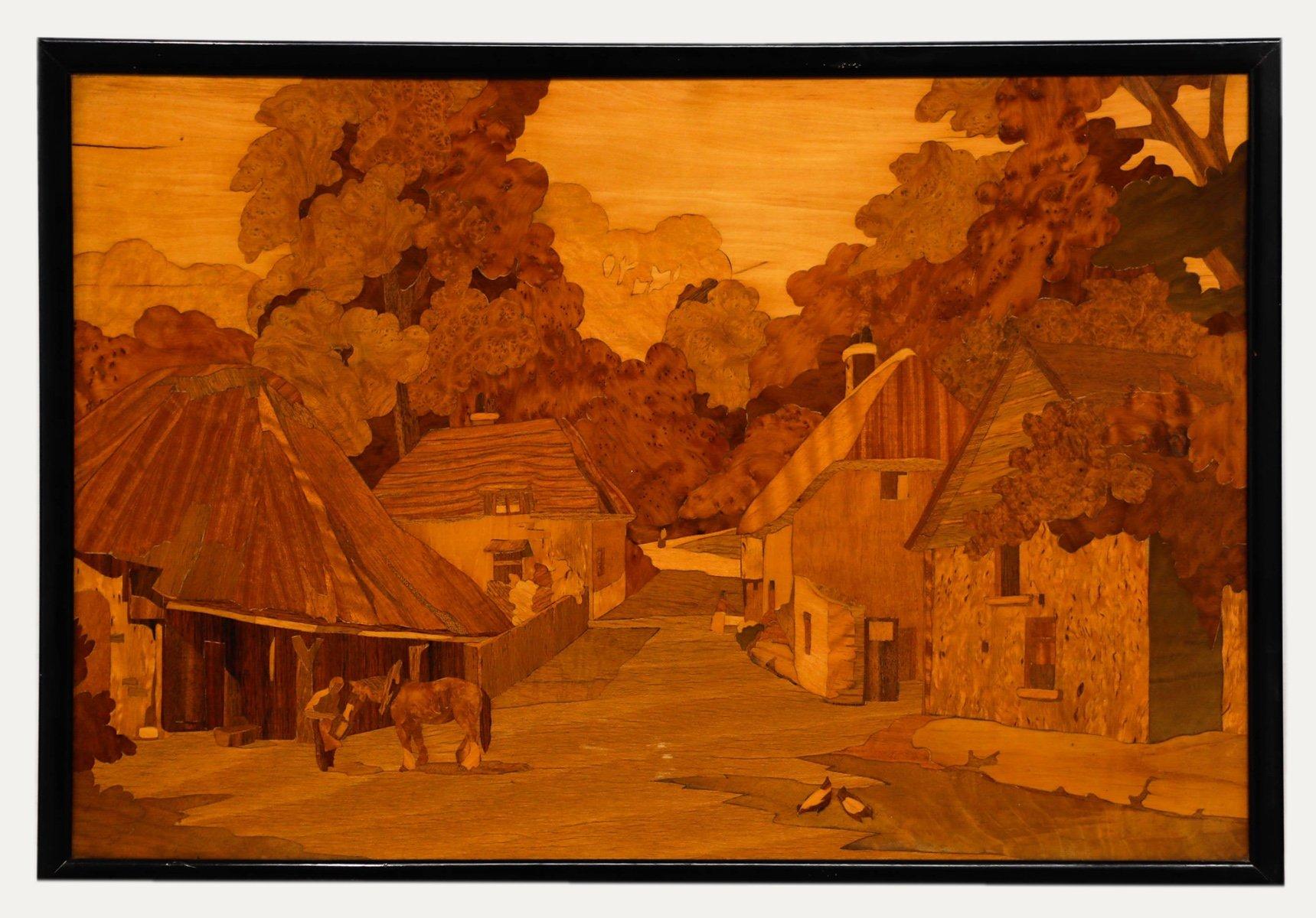 Pannello intarsiato in stile Rowley Gallery della metà del XX secolo - The Village Street