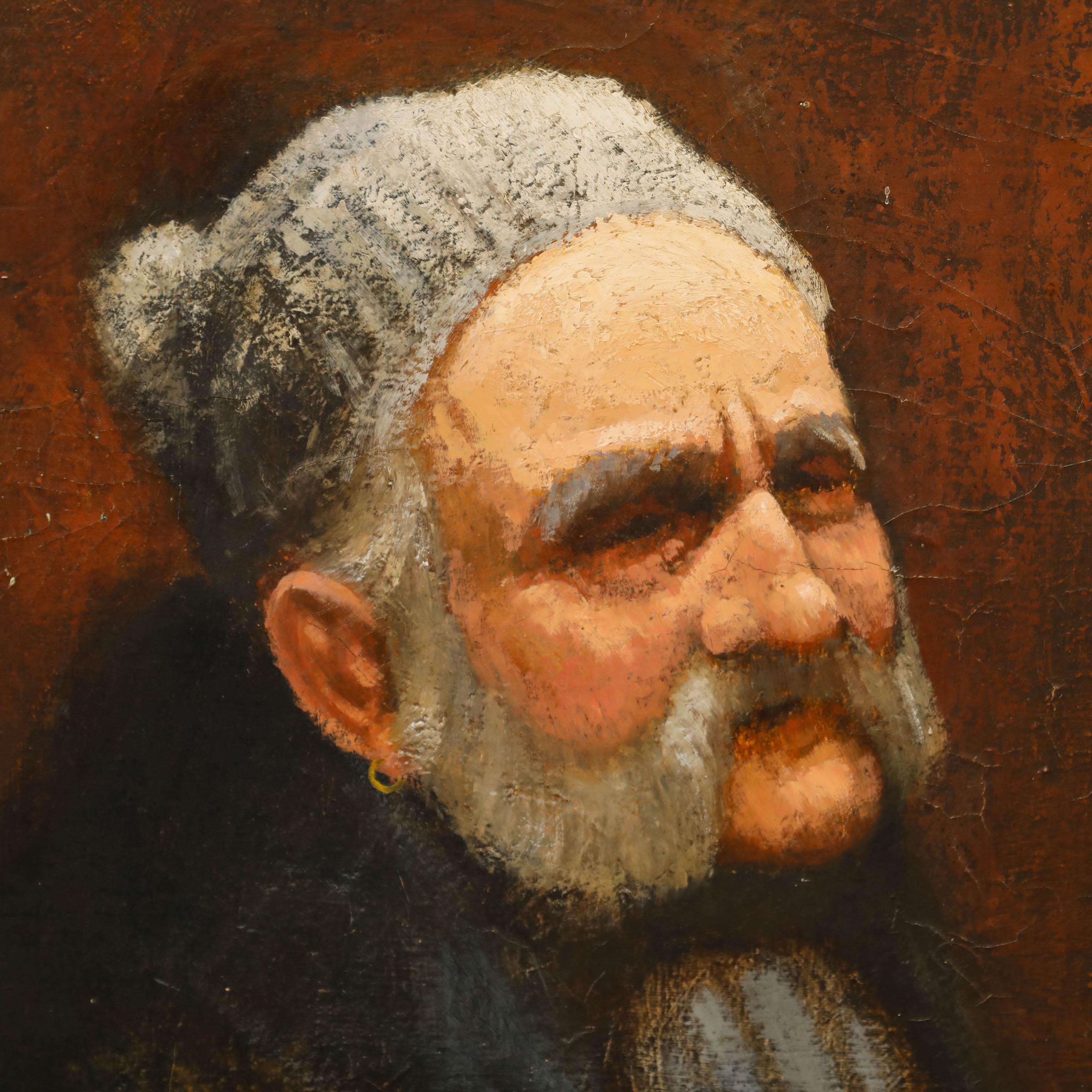 Un charmant portrait à l'huile représentant un personnage richement détaillé sur un fond rustique et chaleureux. Le coup de pinceau expressif de l'artiste et sa palette terreuse donnent de la profondeur et du caractère au sujet, invitant les