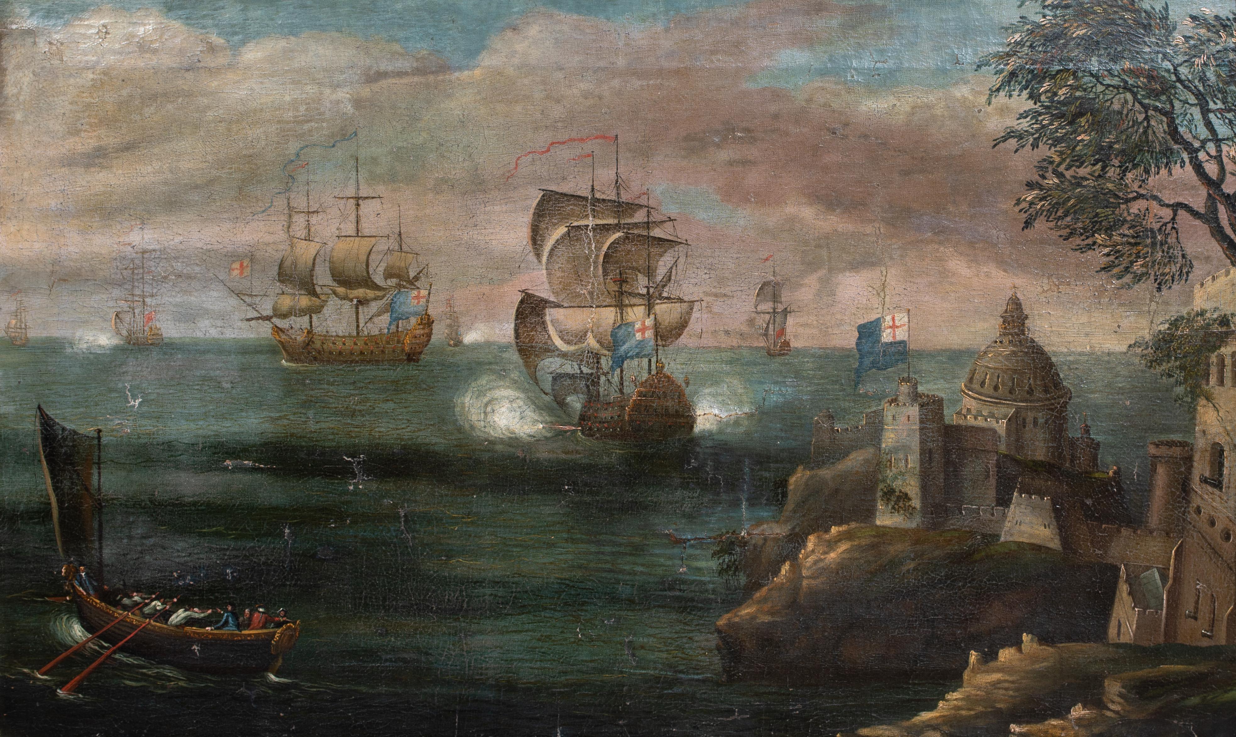 Squadriglia blu della Royal Navy al largo di un porto del Mediterraneo, inizio XVII secolo WIERINGEN - Landscape Painting Marrone di Unknown