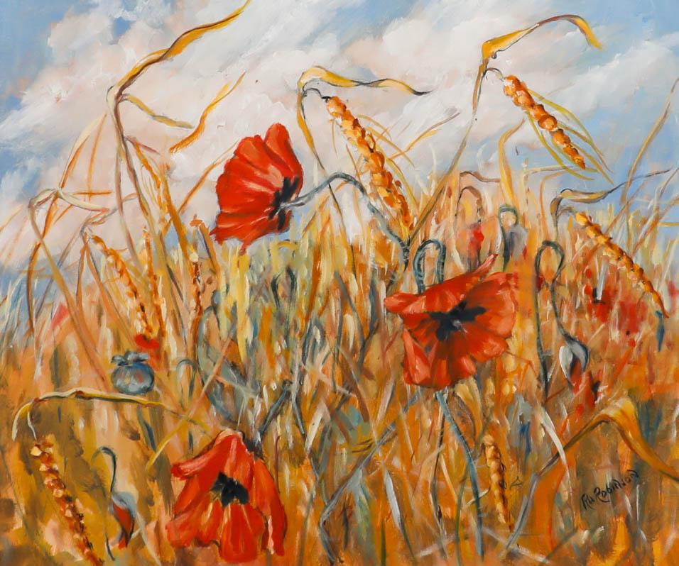 Ru Robinson - Olio contemporaneo incorniciato, Papaveri tra il grano d'oro - Painting di Unknown
