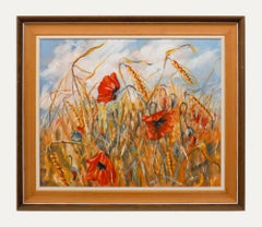 Ru Robinson - Olio contemporaneo incorniciato, Papaveri tra il grano d'oro