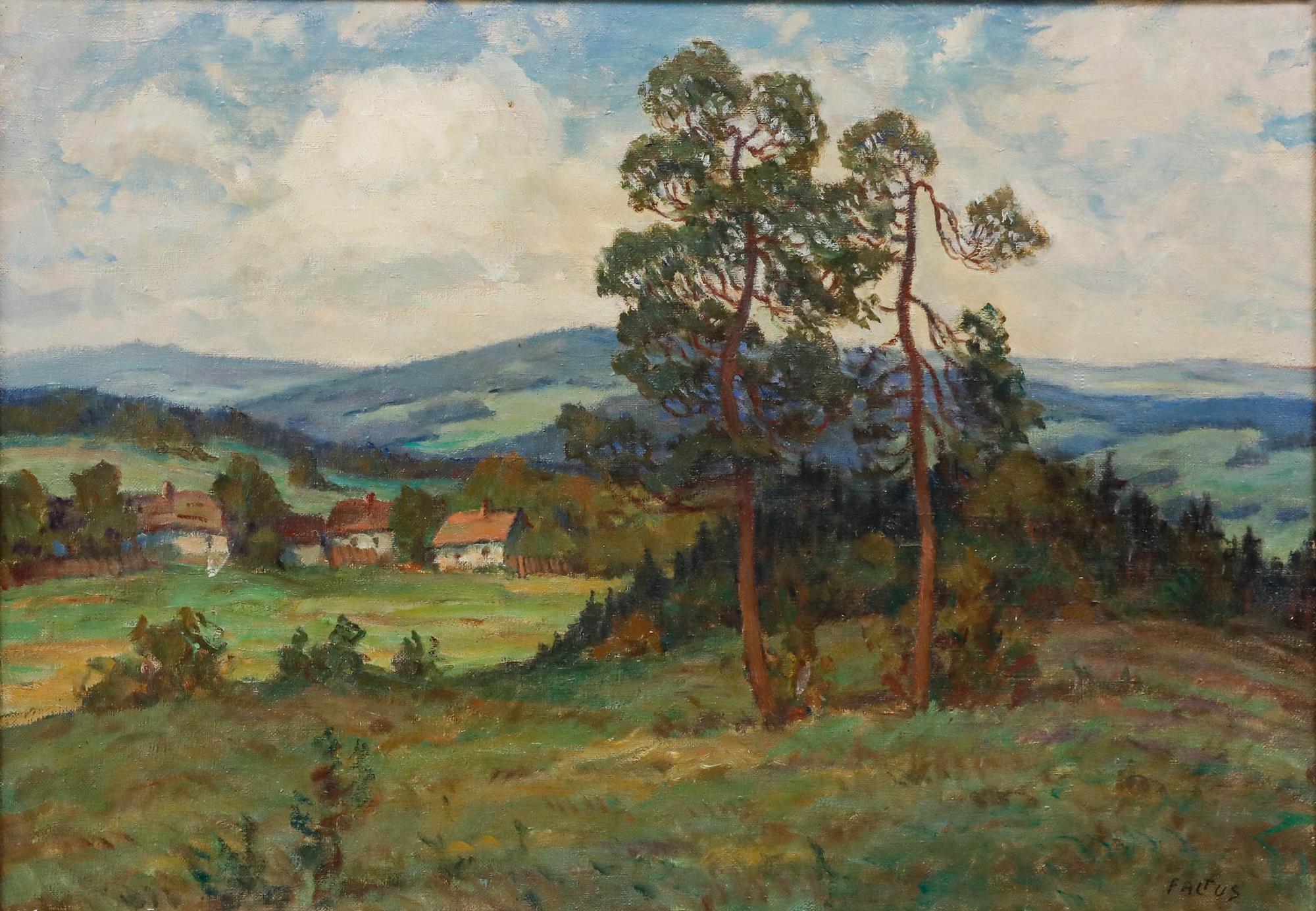 Rudolf Faltus (1884-1947) - Olio dei primi del Novecento incorniciato, Pini della collina - Painting di Unknown