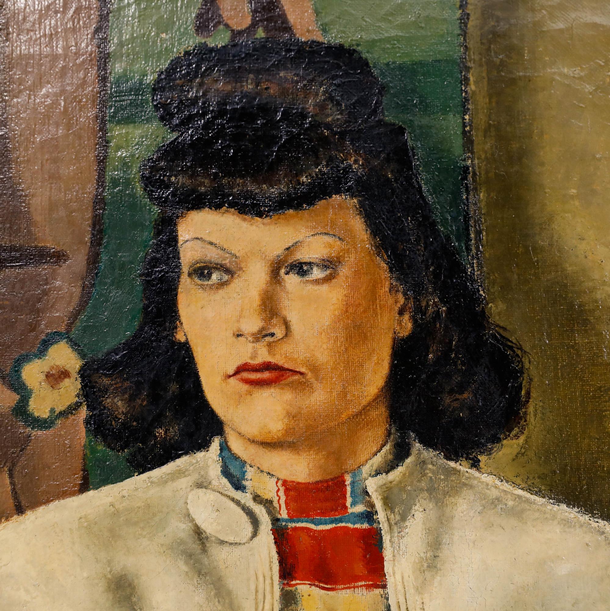 Un portrait unique et accrocheur de l'artiste allemand Rudolf Kaster (1914-2003). La composition représente une femme debout, vue de trois-quarts, vêtue à la mode d'une jupe et d'une veste blanches associées à un chemisier à rayures colorées.