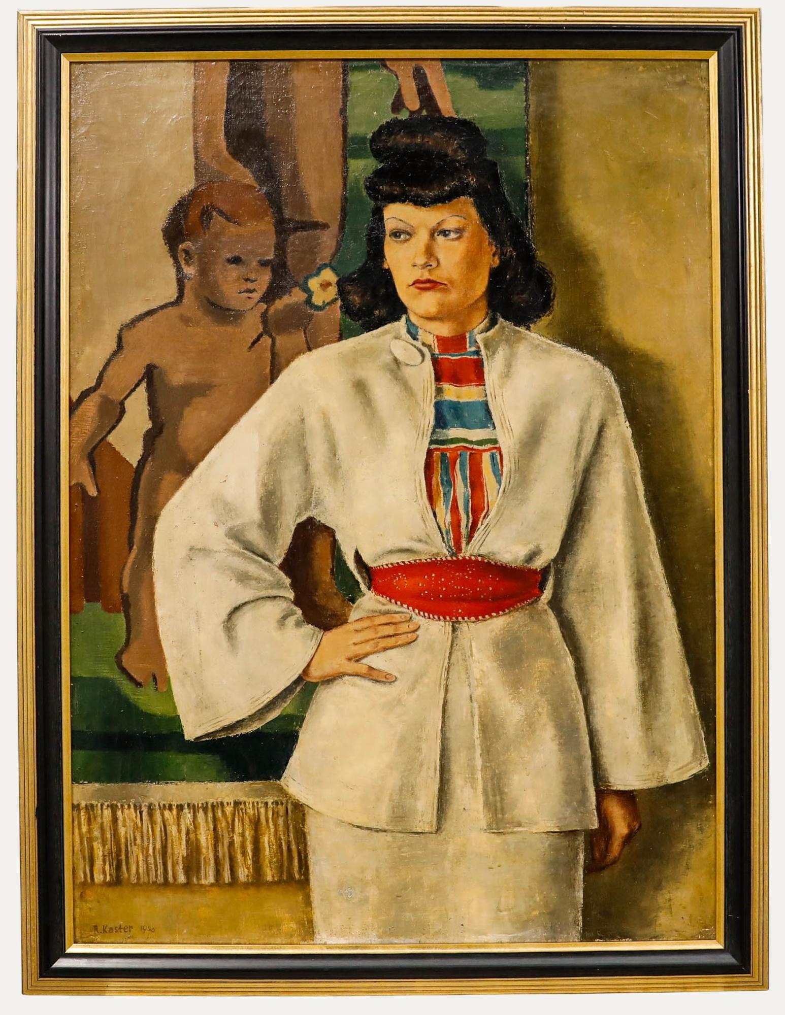 Portrait Painting Unknown - Rudolf Kaster (1914-2003) - Huile encadrée de 1940, Portrait d
une dame