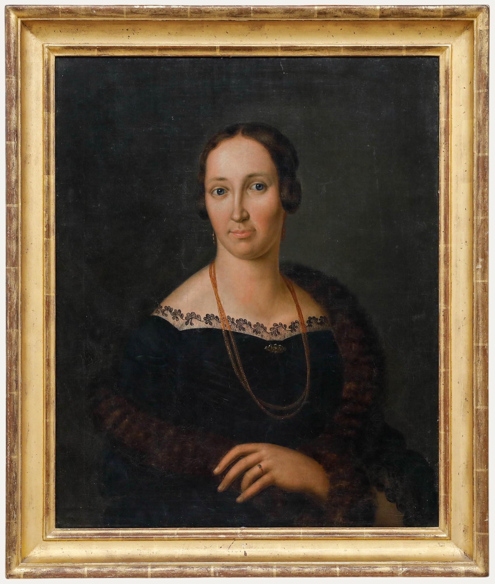 Portrait Painting Unknown - Rudolf Tanner (1781-1853) - Belle huile de 1840, Dame en dentelle et fourrure