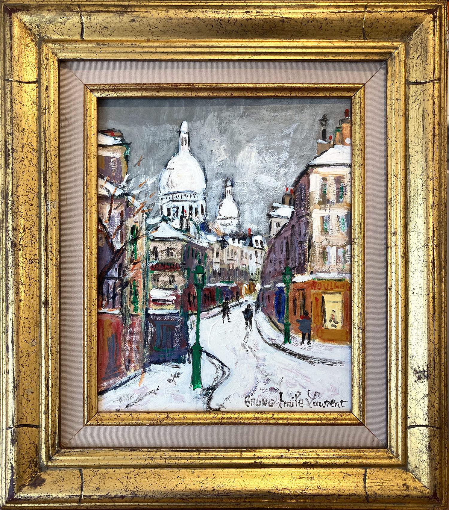 Bruno Emile Laurent Figurative Painting - "Rue Norvins S/Neige Montmartre" French Impressionist Snow Scene Oil Painting