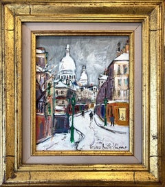 Retro "Rue Norvins S/Neige Montmartre" French Impressionist Snow Scene Oil Painting