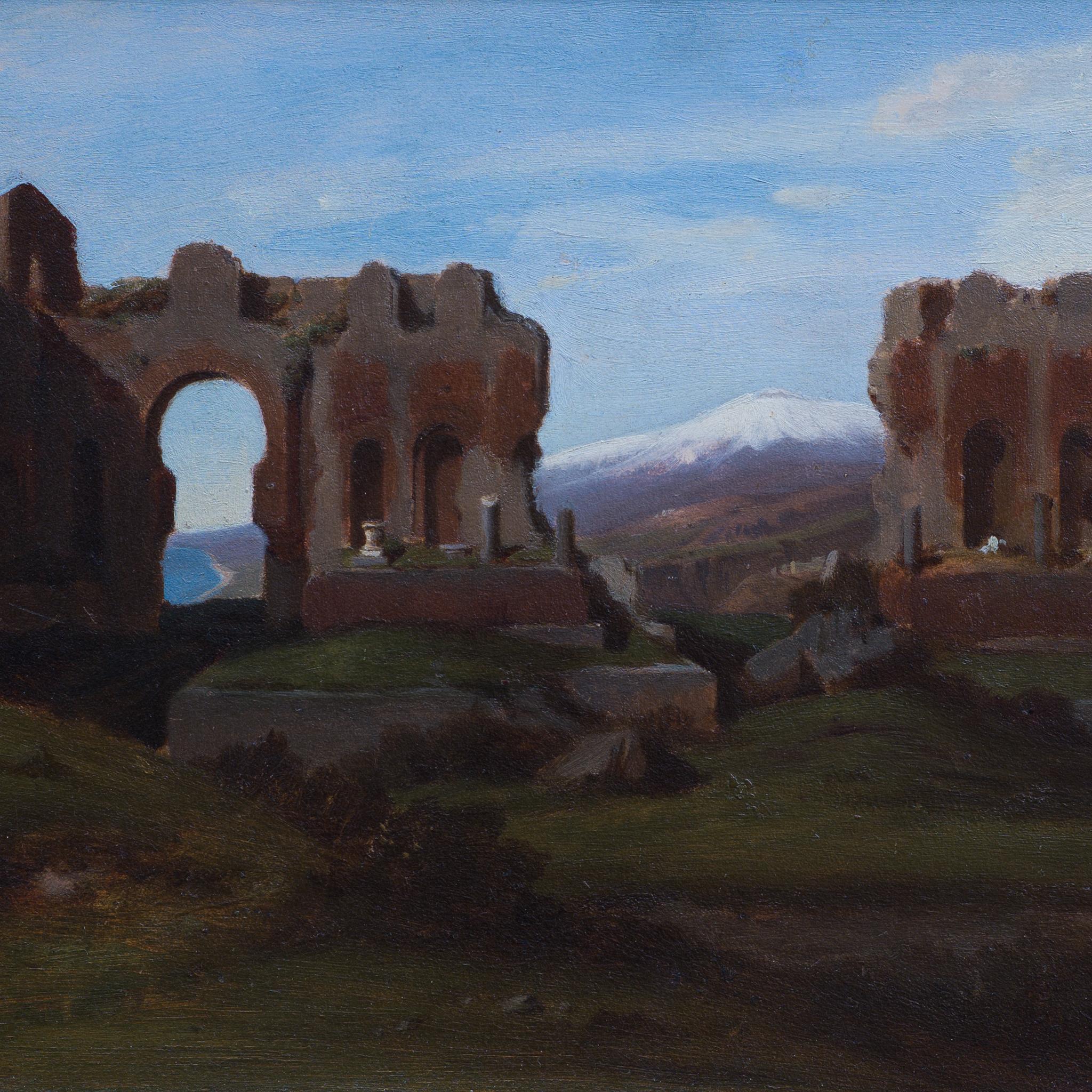 Artista desconocido, segundo cuarto del siglo XIX

Ruinas del Teatro de Taormina, Sicilia

óleo sobre tabla, parte superior parcialmente arqueada
sin enmarcar: 26 x 36,5 cm (10 1/4 x 14 3/8 in)
enmarcado: 31 x 42 cm (12 1/4 x 16 1/2