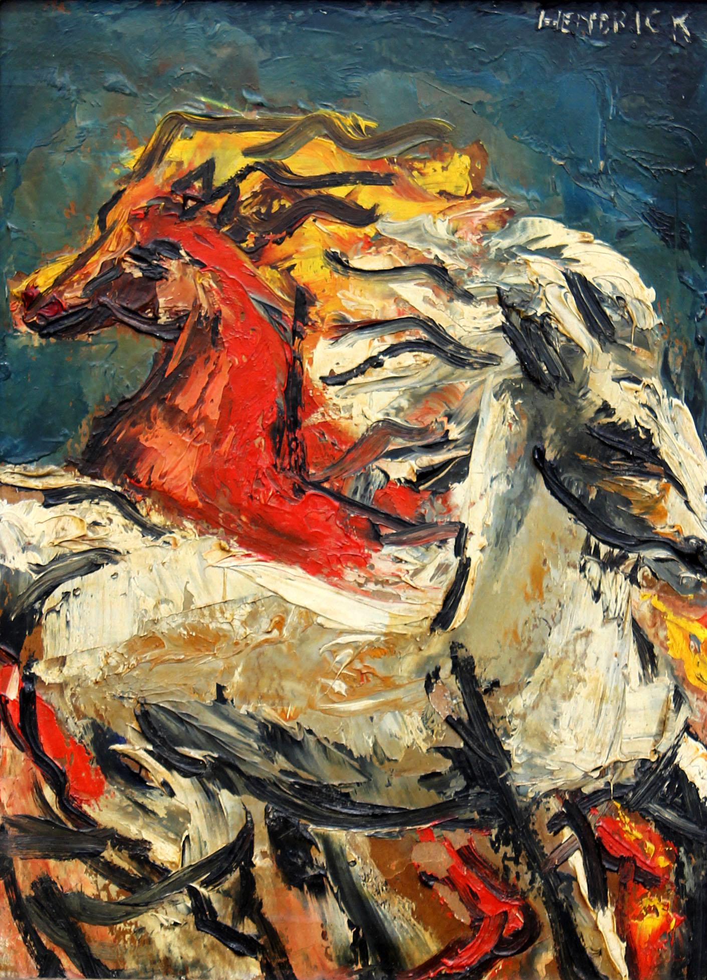 Figurative Painting Unknown - Peinture à l'huile impressionniste abstraite représentant des chevaux en train de courir
