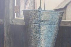 Pintura Rural Naturalista Gris Cubo en Ventana Naturaleza Muerta Granja