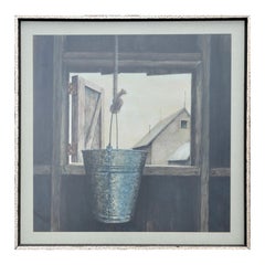 Nature morte à la ferme - Seau dans la fenêtre - Peinture rurale en tons gris naturaliste