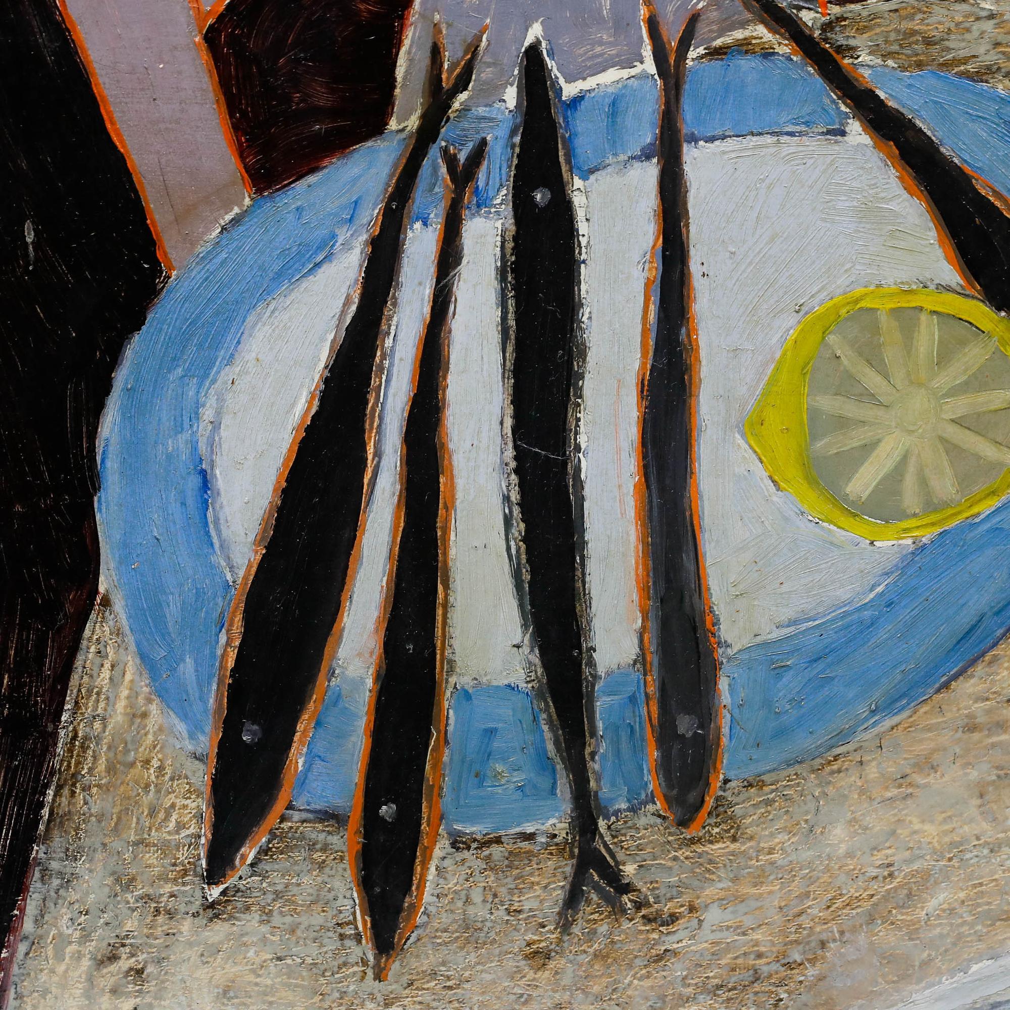 Ein eindrucksvolles Stillleben mit Sardinen und einer Zitrone auf einem Teller, begleitet von einer Flasche und einem Messer auf einem Tisch. Die Komposition verwendet eine ungewöhnliche Luftperspektive, die für die modernistischen Bewegungen dieser