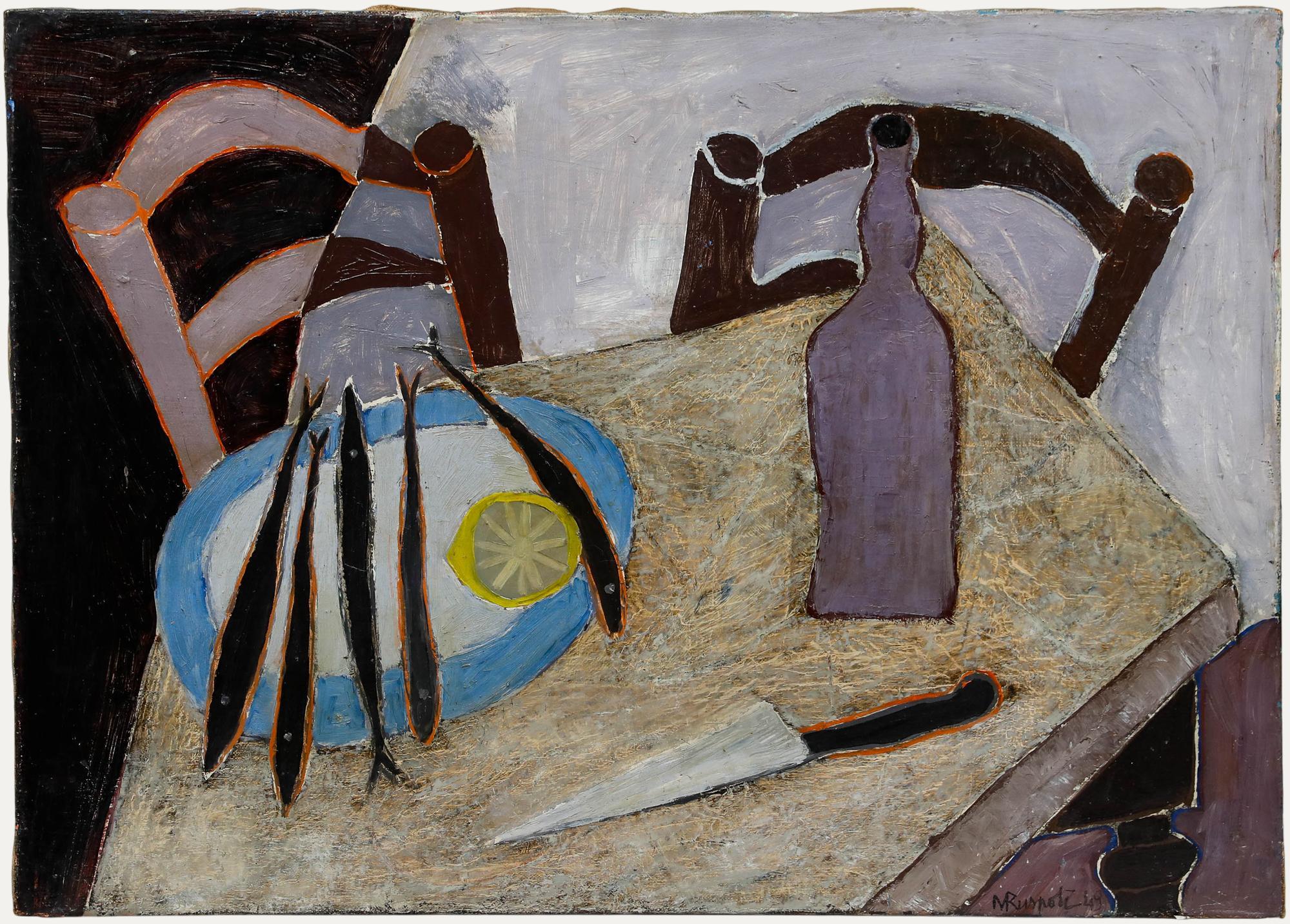 Unknown Still-Life Painting – Ruspoli - Modernist 1949 Öl, das Abendessen ist serviert