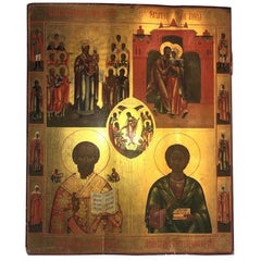 Russian Icon with 3 Religious Scenes and 10 Saints
