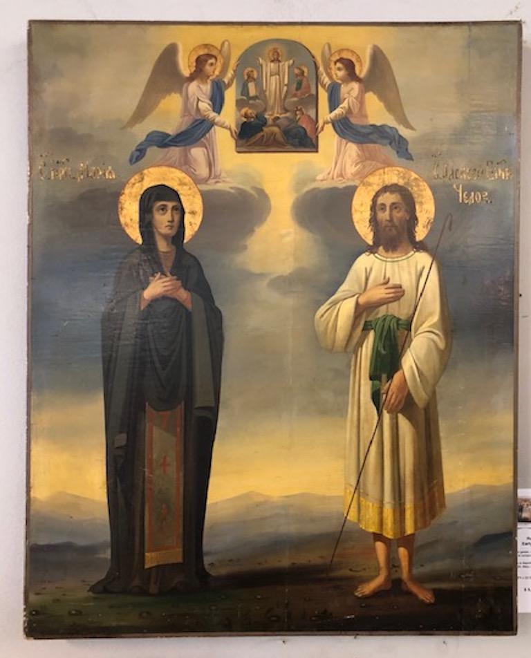 Russian Icon with Alexey - Man of God and Mary of Egypt - Painting by Unknown