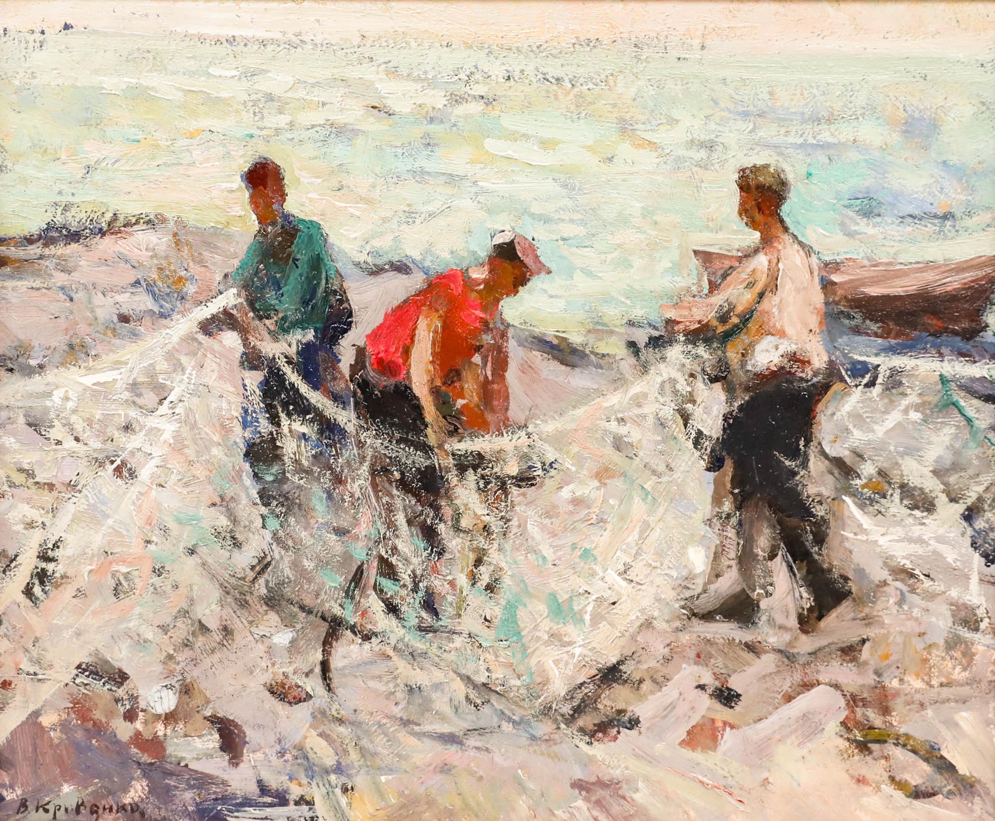 Russian Mid 20th Century Oil - Unraveling the Nets - Painting by Unknown