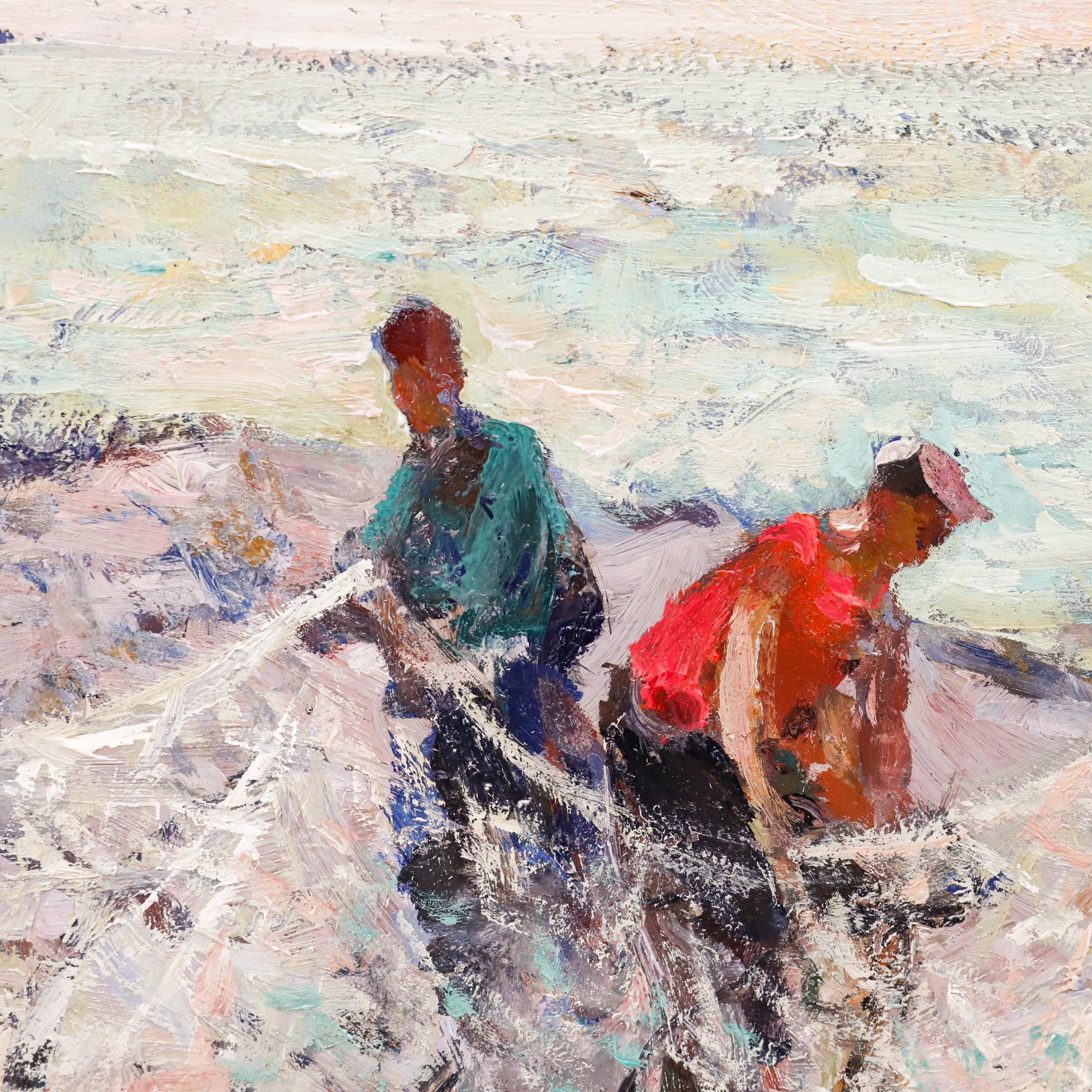 This vibrant impressionistic painting depicts three fishermen unravelling nets along a rocky coastline. The composition is rendered in loose, expressive brushwork that captures the movement and physical demands of the figures' daily trade. The