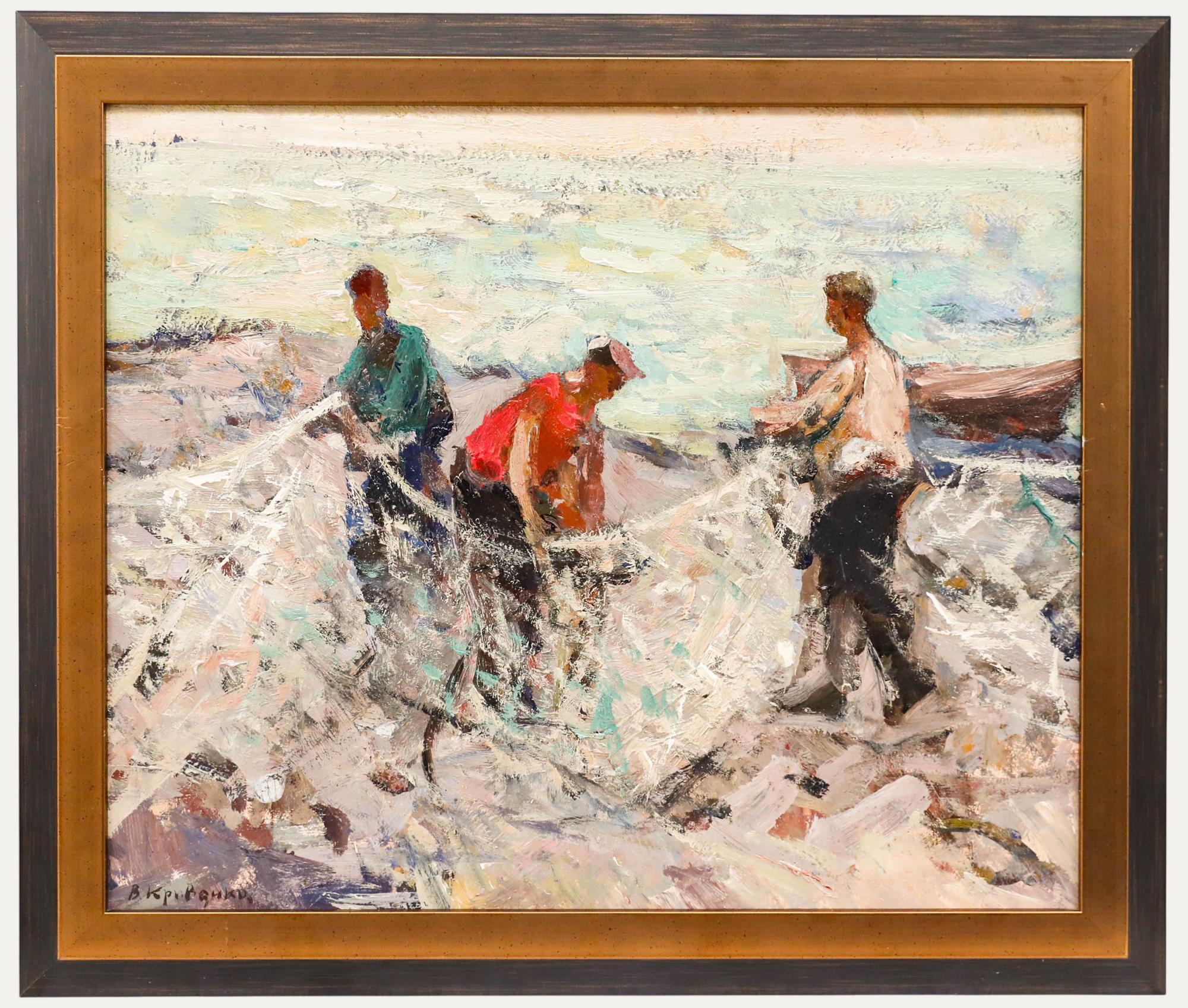 Unknown Figurative Painting - Russian Mid 20th Century Oil - Unraveling the Nets