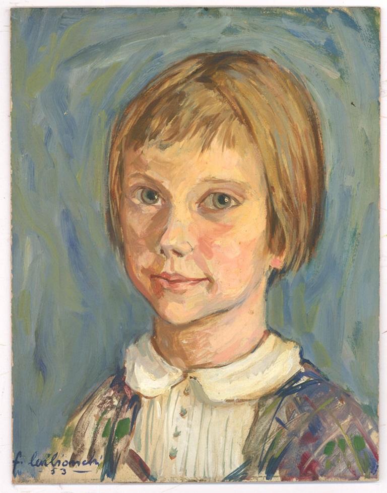 Russian School 1953 Oil - Girl in Green - Painting by Unknown