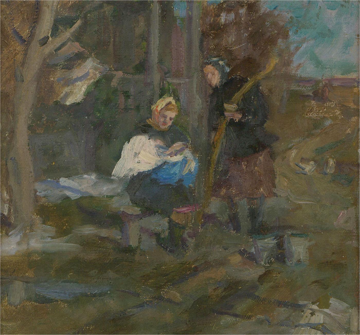 Russian School 1962 Oil - Holding The Baby - Painting by Unknown
