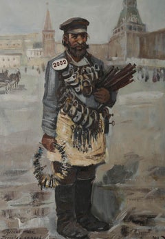 Russian School 1980 Oil - The Russian Lock Seller