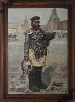 Russian School 1980 Oil - The Russian Lock Seller