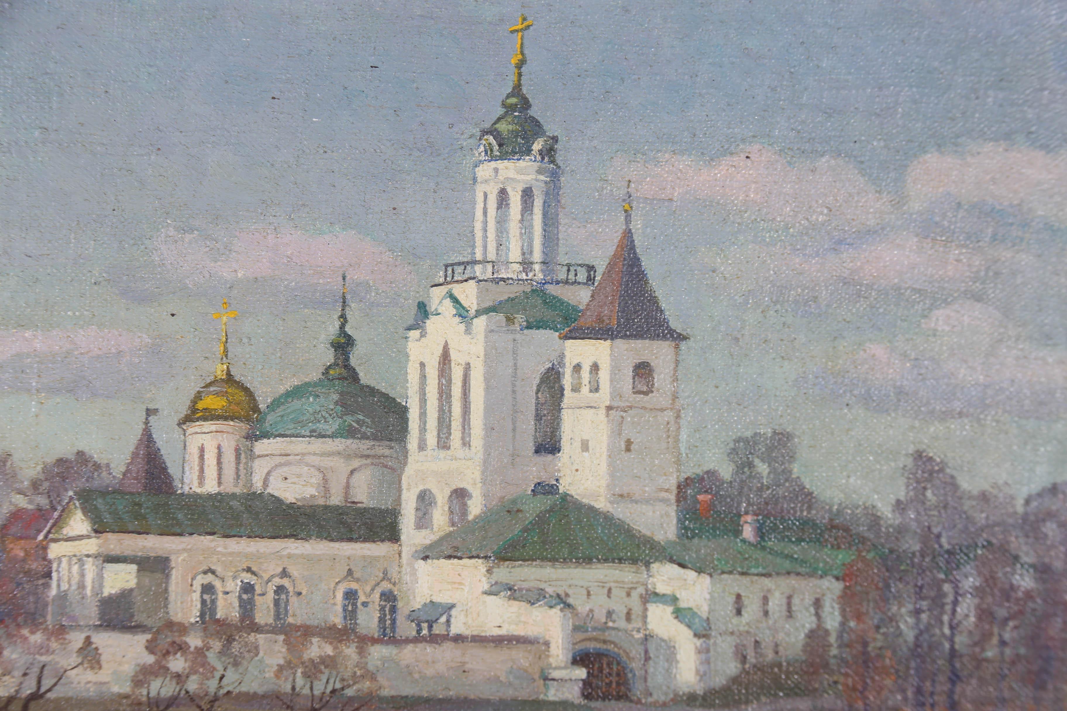 Russische Schule  1993 Öl - Kirche am Fluss im Angebot 1