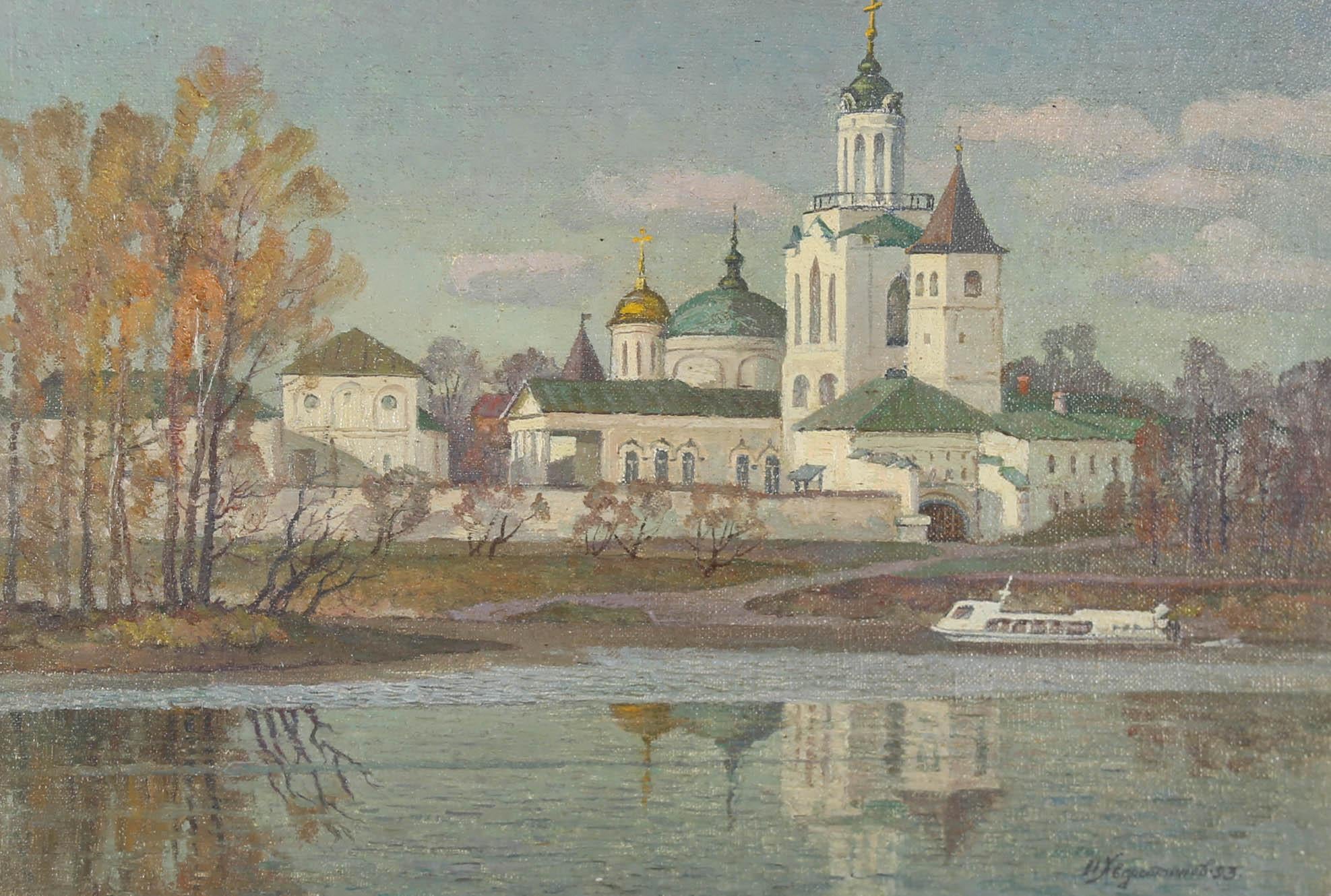 Unknown Landscape Painting – Russische Schule  1993 Öl - Kirche am Fluss