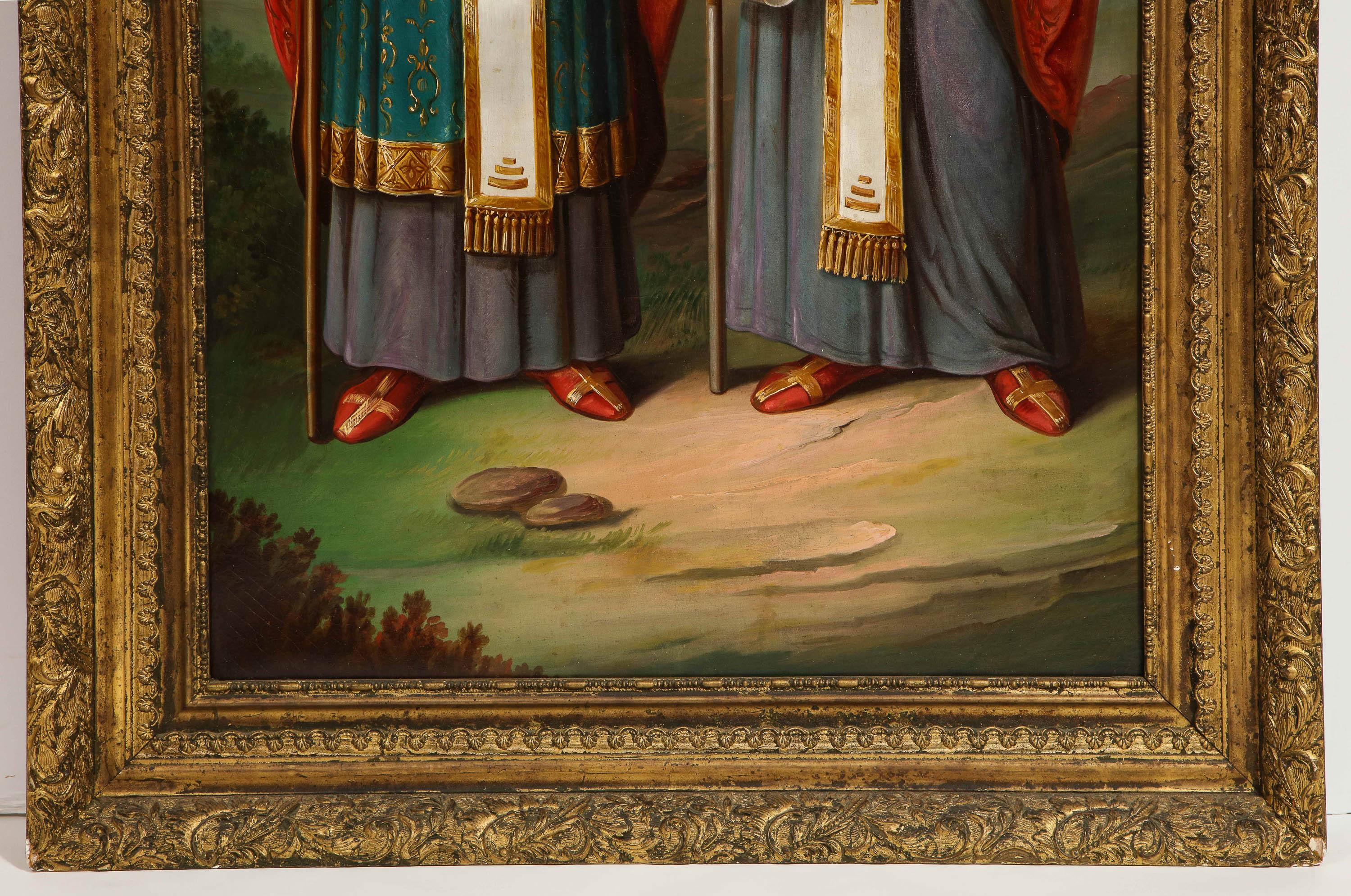 (École slavique, XIXe siècle) Grande peinture à l'huile « Saints Cyril et Médicis » - Marron Portrait Painting par Unknown