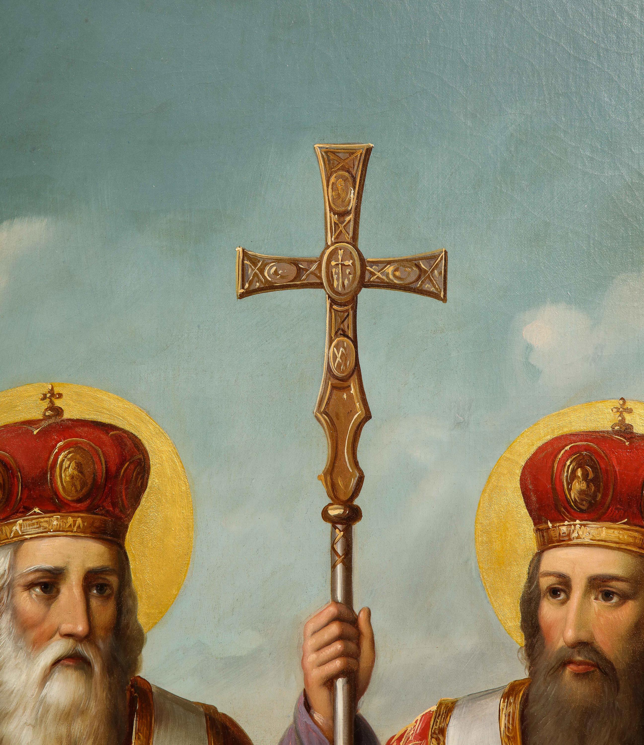 (École slavique, XIXe siècle) Grande peinture à l'huile « Saints Cyril et Médicis » en vente 2