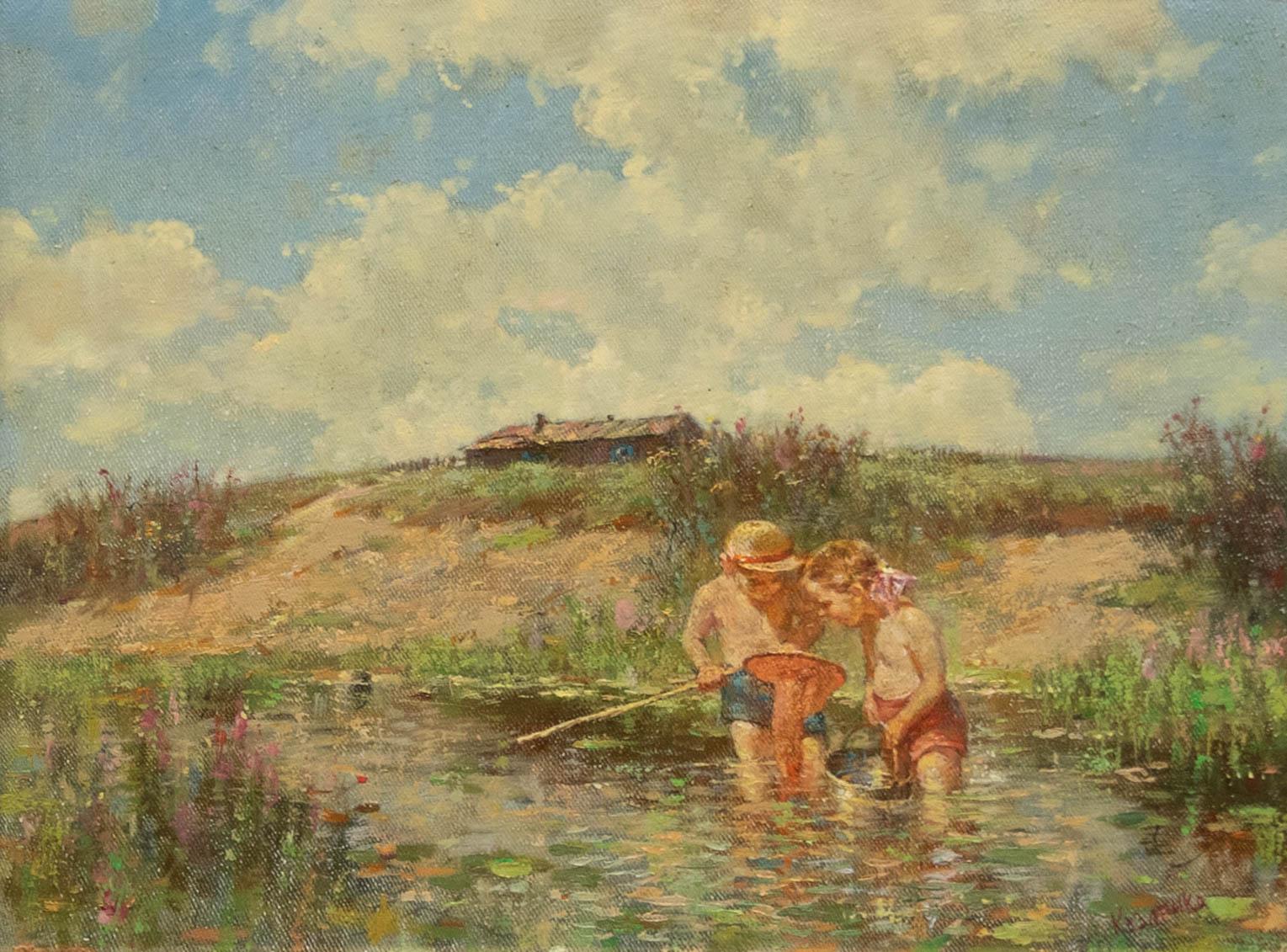 Russian School 20th Century Oil - Children Netting in a River - Painting by Unknown