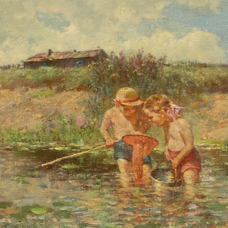 Russian School 20th Century Oil - Children Netting in a River 1
