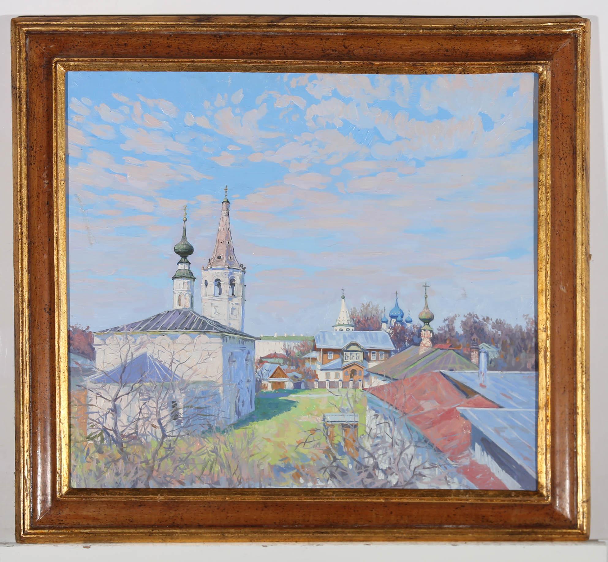Una vista vibrante e accattivante dell'antica città di Suzdal in Russia. Il dipinto mette in risalto i meravigliosi colori dell'architettura russa e il blu vibrante del freddo cielo primaverile. Il dipinto non è firmato e viene presentato in una