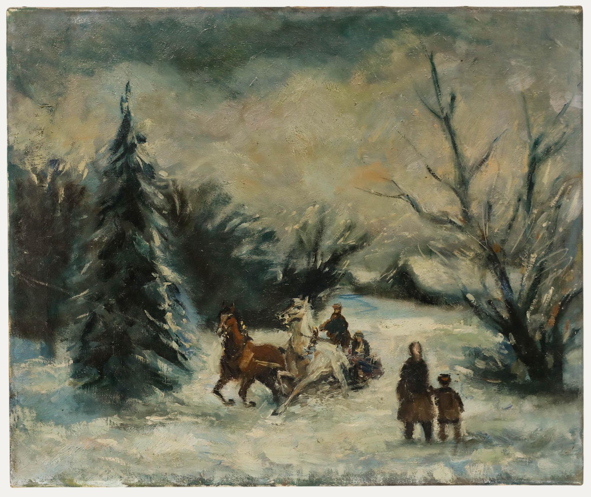 Unknown Landscape Painting - Russian School Early 20th Century Oil - Cossacks and Horses